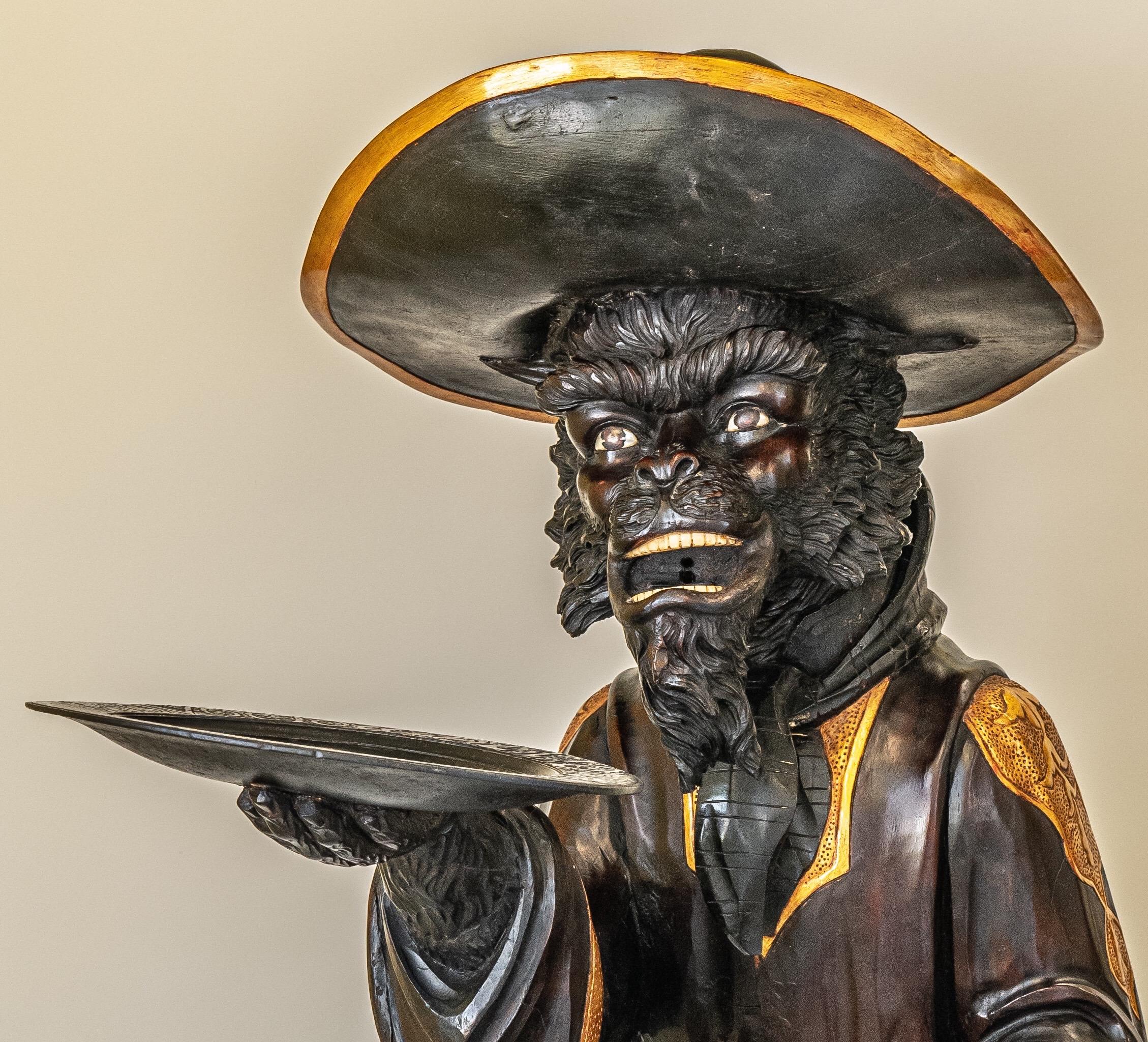 Venetian Monkey Wood Sculpture, On Rocks Carrying a Tray MOP Eyes, 19th Century 1