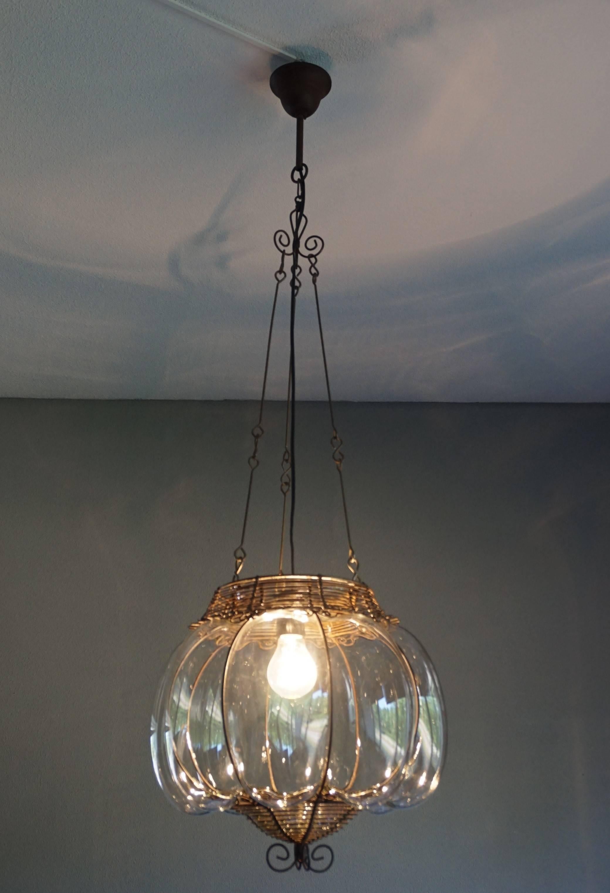 Hand-Crafted Venetian Mouthblown Glass into a Hand-crafted Iron Frame Pendant Light Fixture For Sale