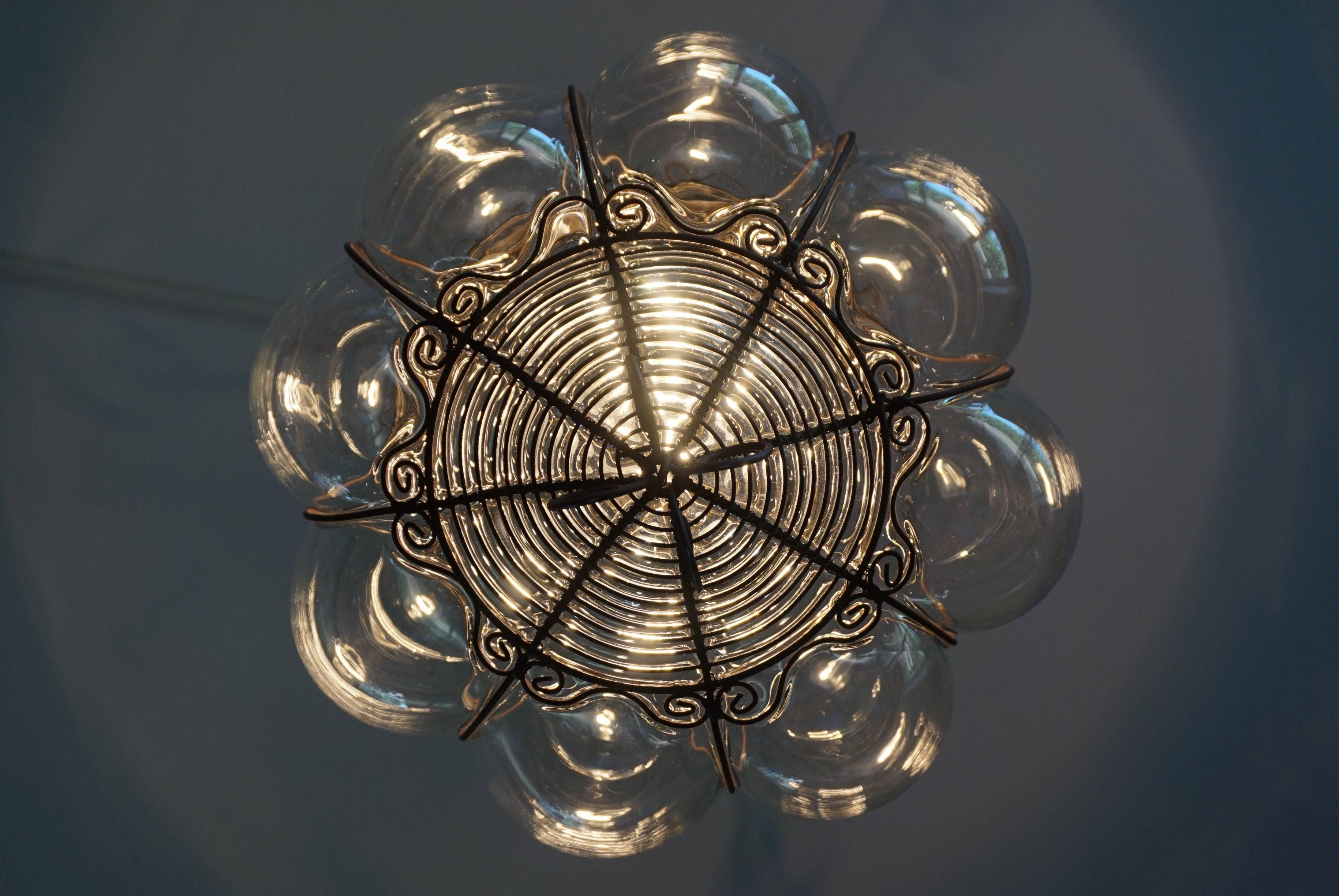 20th Century Venetian Mouthblown Glass into a Hand-crafted Iron Frame Pendant Light Fixture For Sale