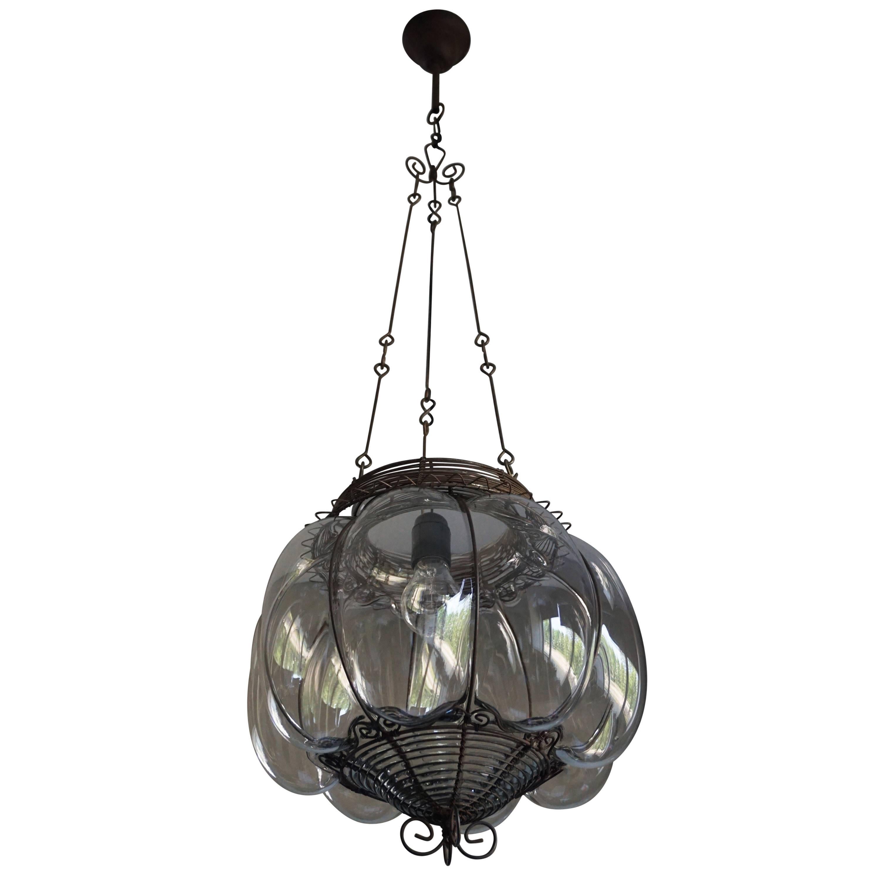 Venetian Mouthblown Glass into a Hand-crafted Iron Frame Pendant Light Fixture For Sale