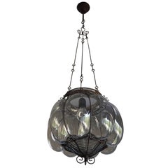 Retro Venetian Mouthblown Glass into a Hand-crafted Iron Frame Pendant Light Fixture