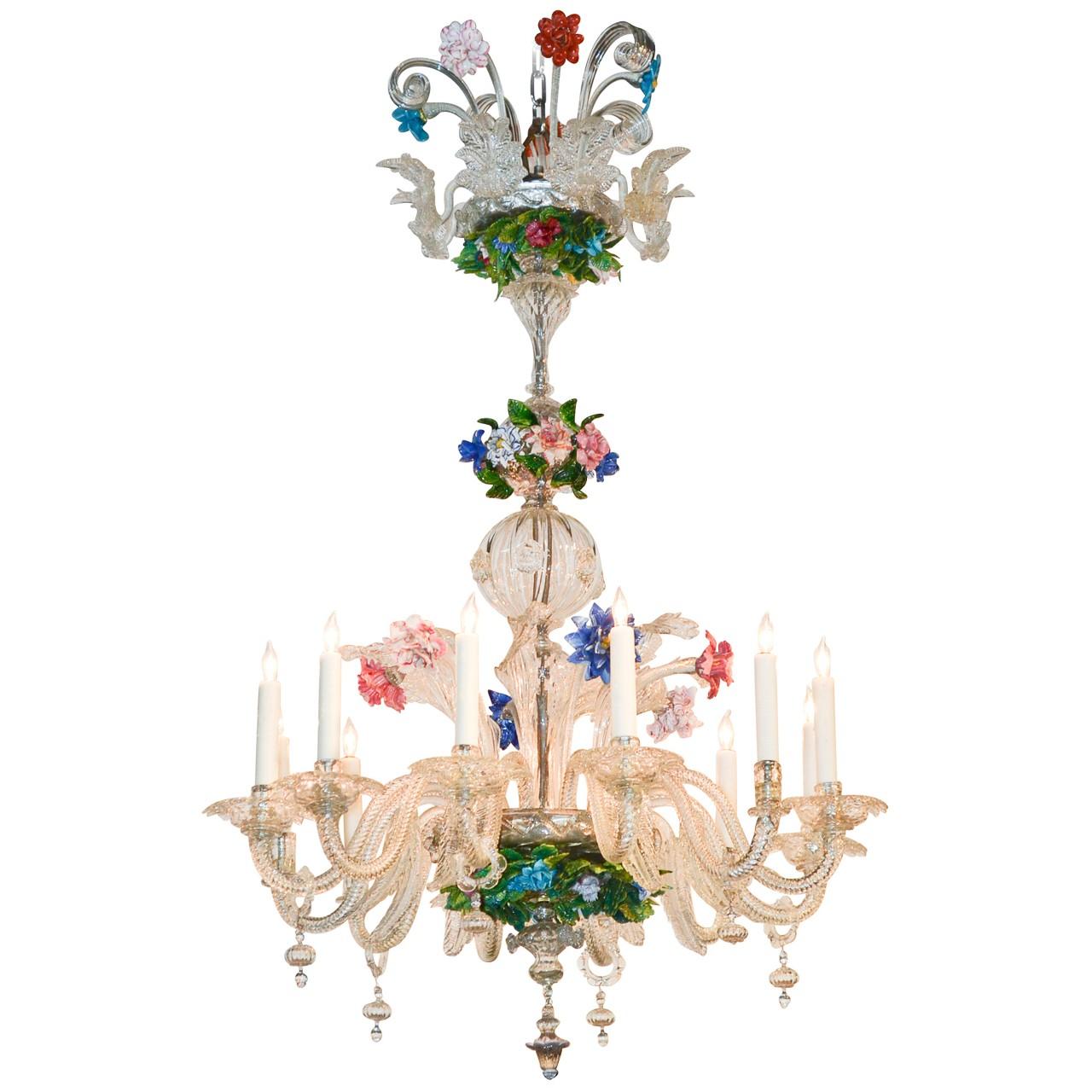 Venetian Multi-Color Glass Chandelier, circa 1920 For Sale