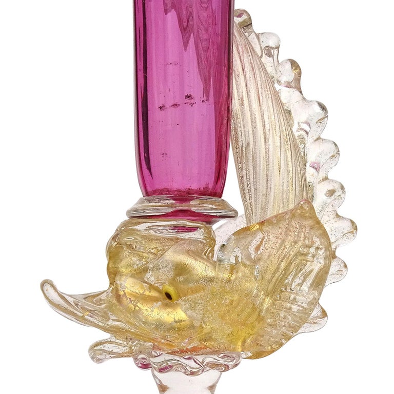 Victorian Venetian Murano Amethyst Pink Gold Flecks Italian Art Glass Fish Flower Vase For Sale