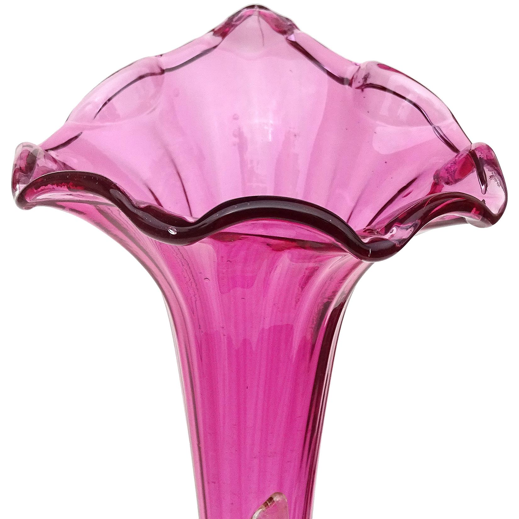 20th Century Venetian Murano Amethyst Pink Gold Flecks Italian Art Glass Fish Flower Vase For Sale