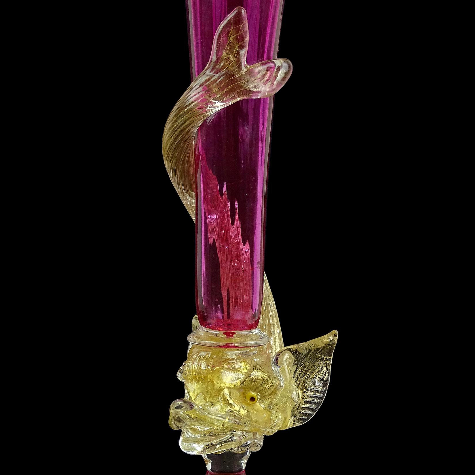 Hand-Crafted Venetian Murano Amethyst Pink Gold Flecks Italian Art Glass Fish Flower Vase For Sale