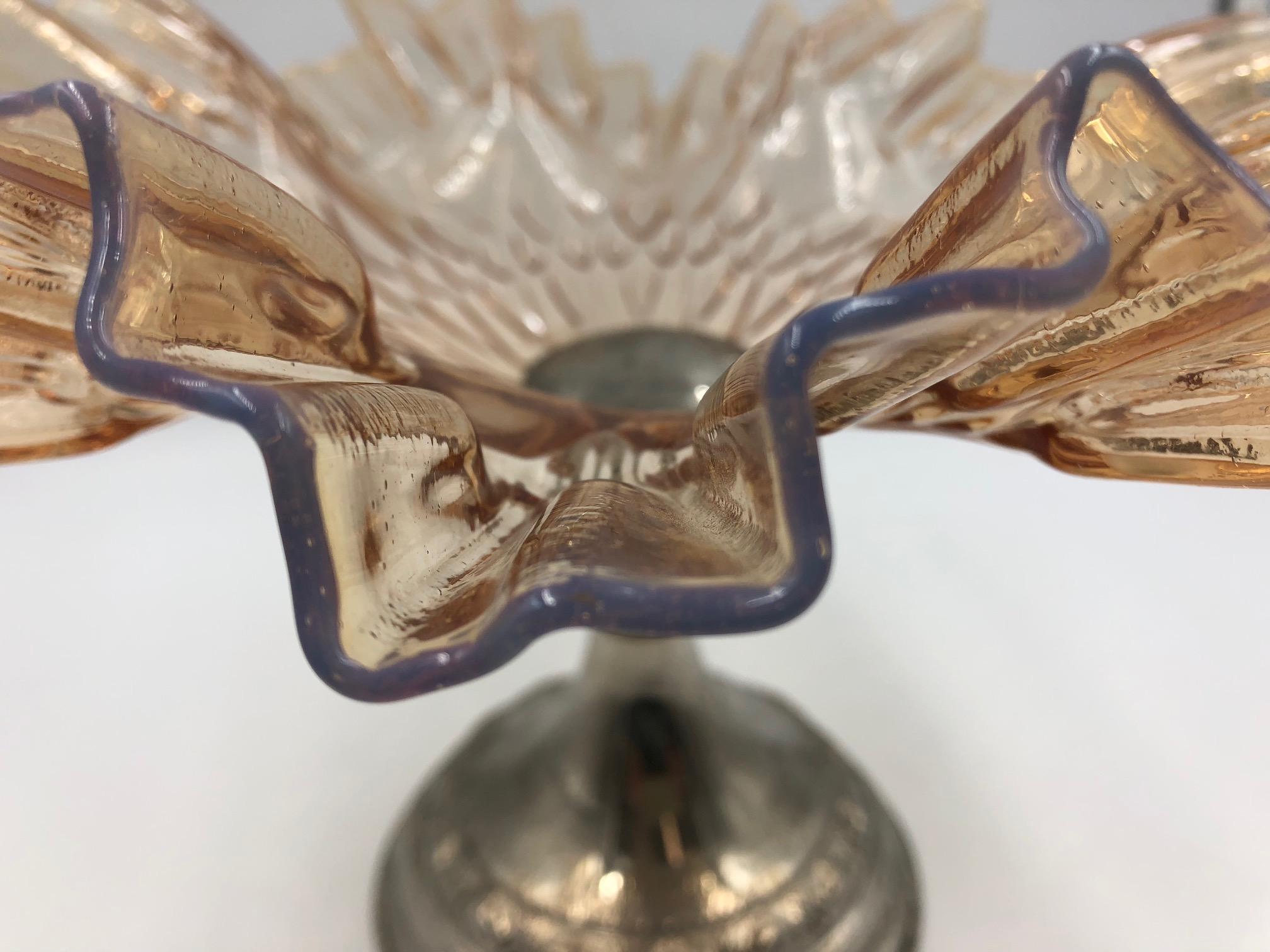20th Century Venetian Murano Antique Opal Ruffled Rim Italian Art Glass Bowl, Art Nouveau For Sale