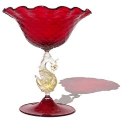Venetian Murano Antique Red Gold Flecks Swan Bird Stem Italian Art Glass Bowl