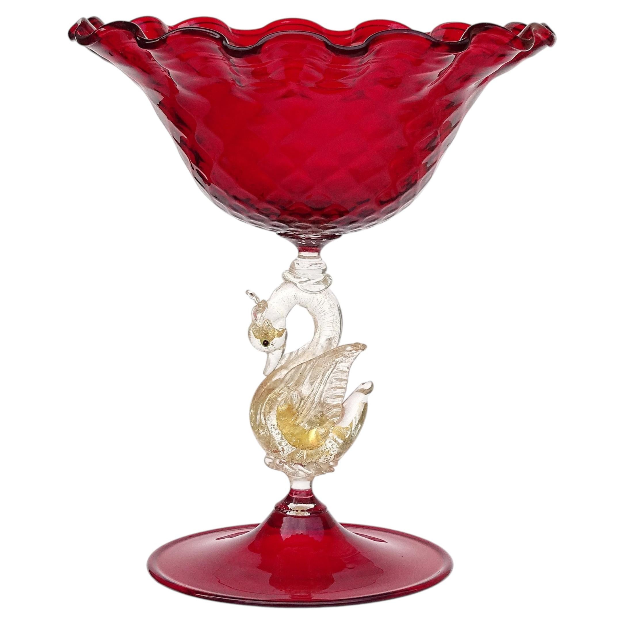 Venetian Murano Antique Red Gold Flecks Swan Bird Stem Italian Art Glass Bowl