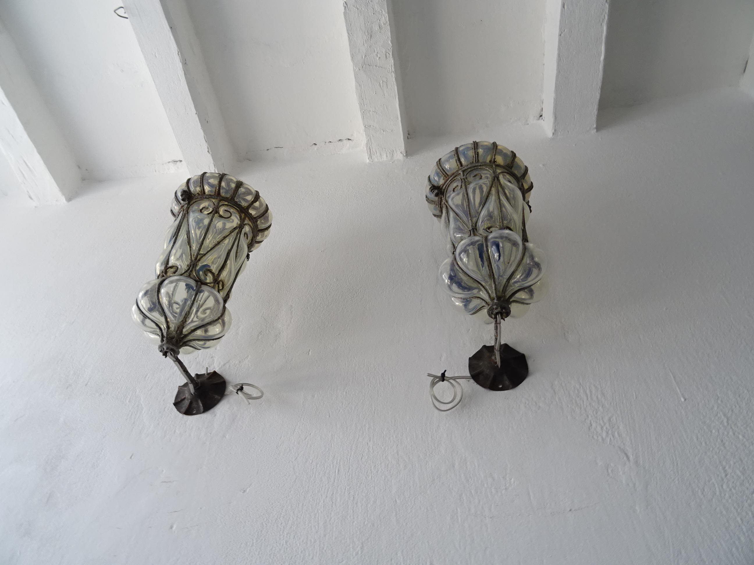 Venetian Murano Blown Glass Opaline Lanterns Metal Scroll Caged Sconces, c 1800 4