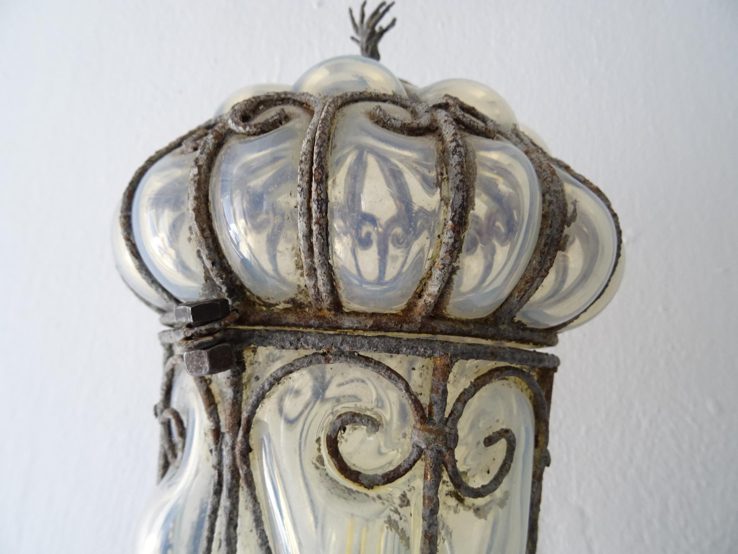Venetian Murano Blown Glass Opaline Lanterns Metal Scroll Caged Sconces, c 1800 5