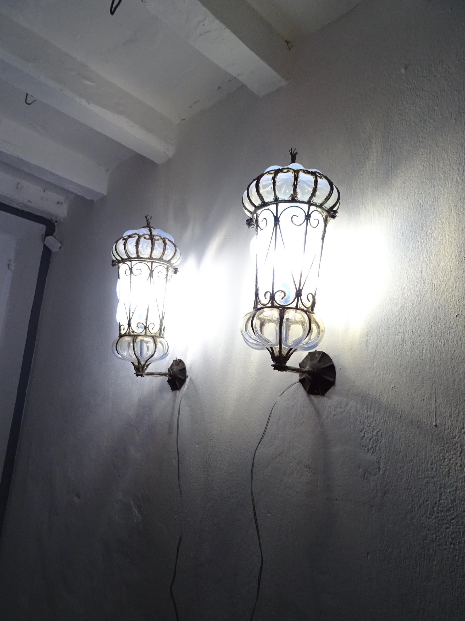 Italian Venetian Murano Blown Glass Opaline Lanterns Metal Scroll Caged Sconces, c 1800