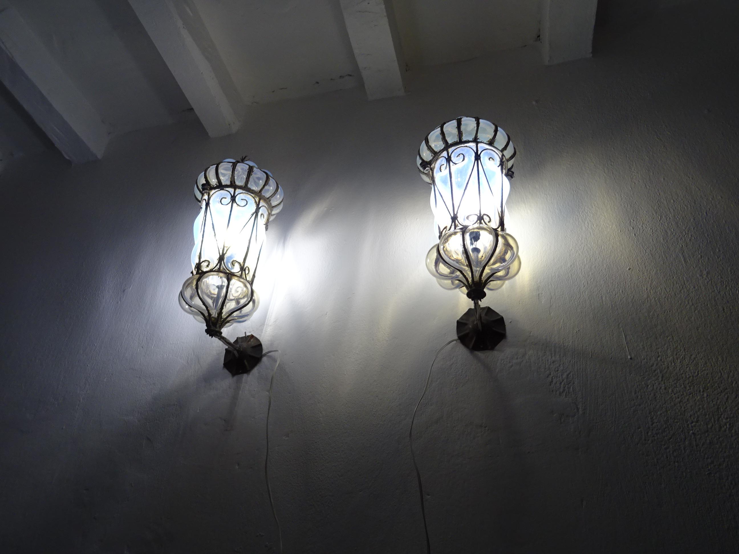 Venetian Murano Blown Glass Opaline Lanterns Metal Scroll Caged Sconces, c 1800 In Good Condition In Firenze, Toscana