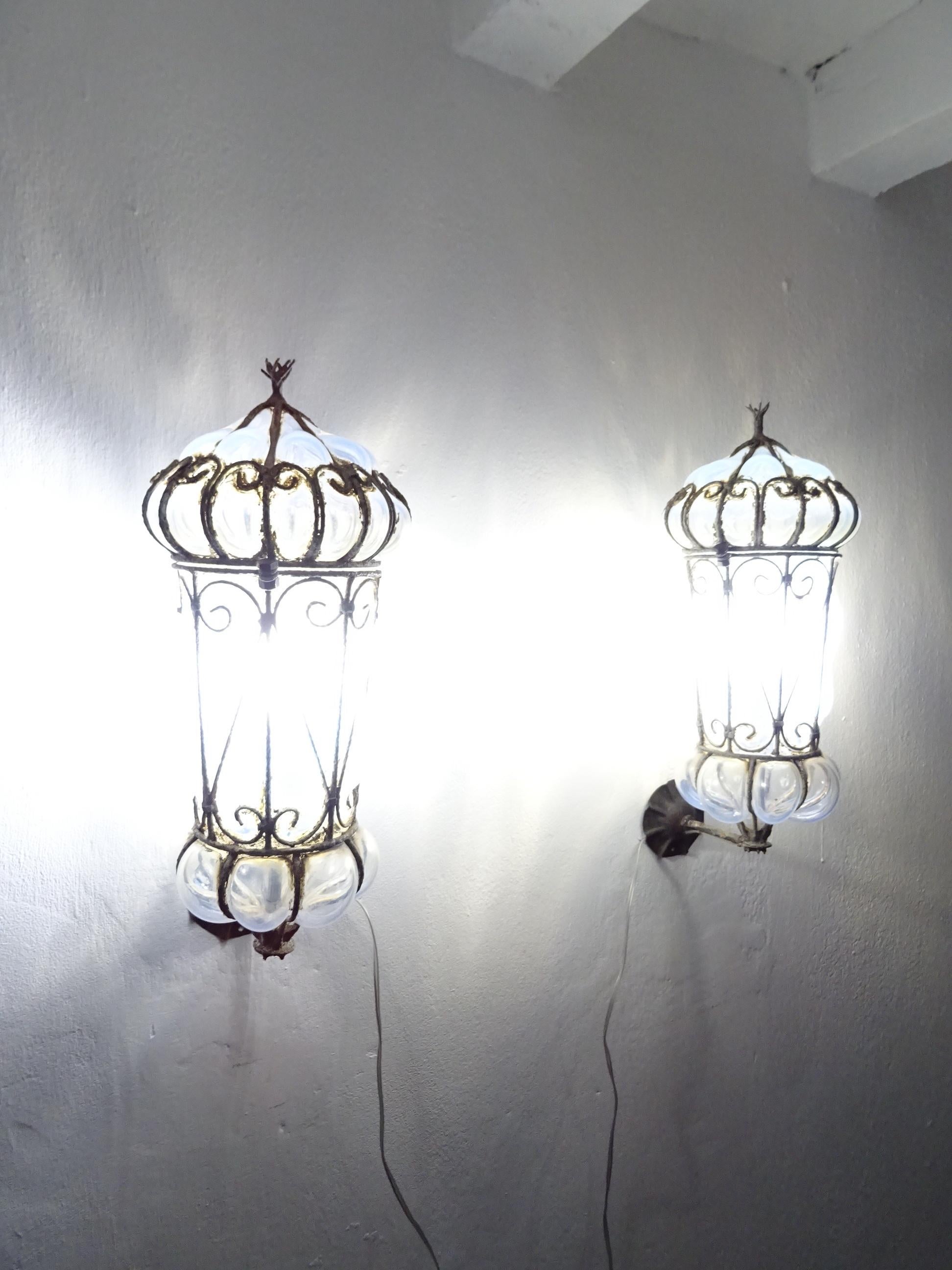 Early 19th Century Venetian Murano Blown Glass Opaline Lanterns Metal Scroll Caged Sconces, c 1800