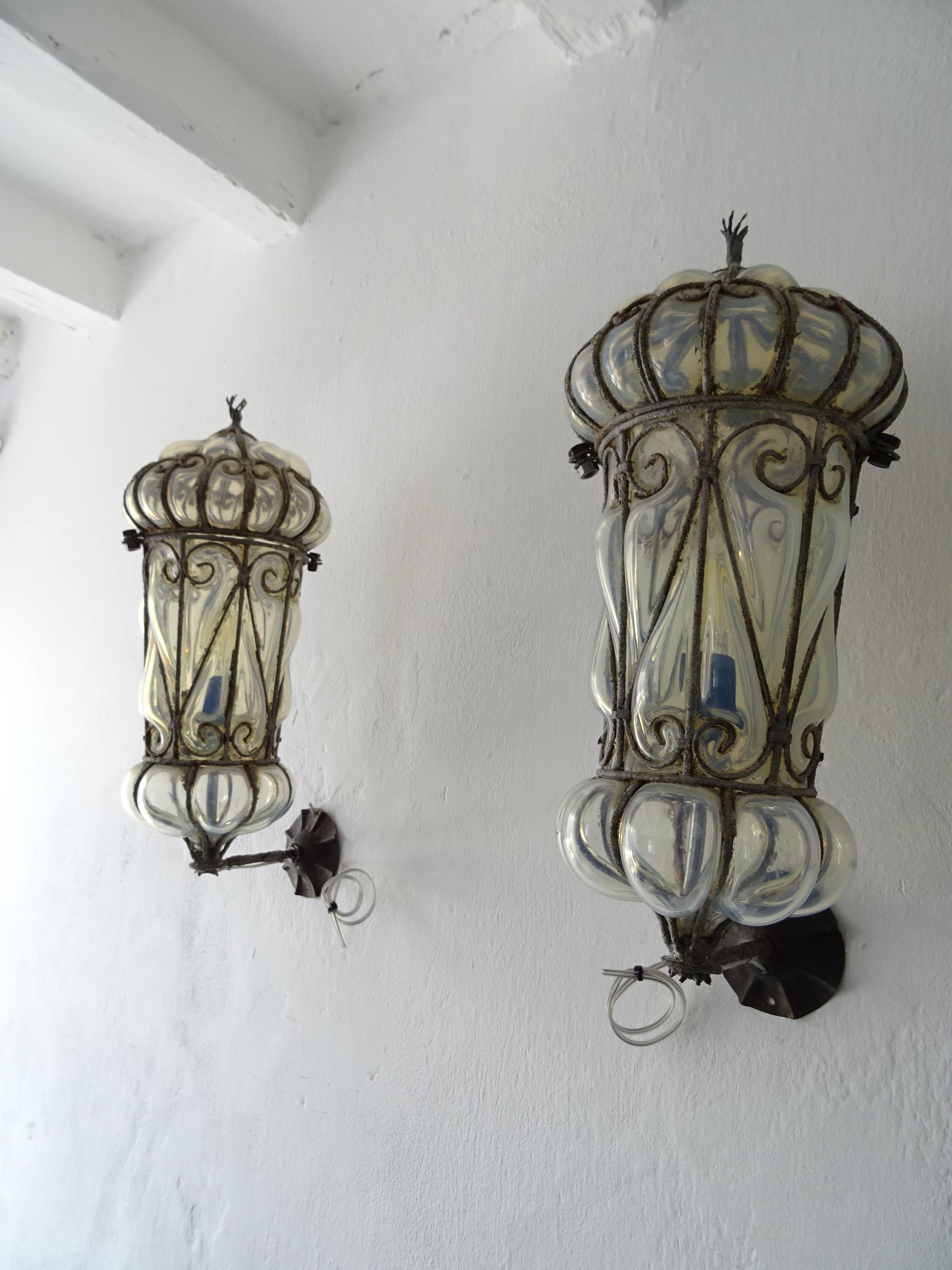 Murano Glass Venetian Murano Blown Glass Opaline Lanterns Metal Scroll Caged Sconces, c 1800