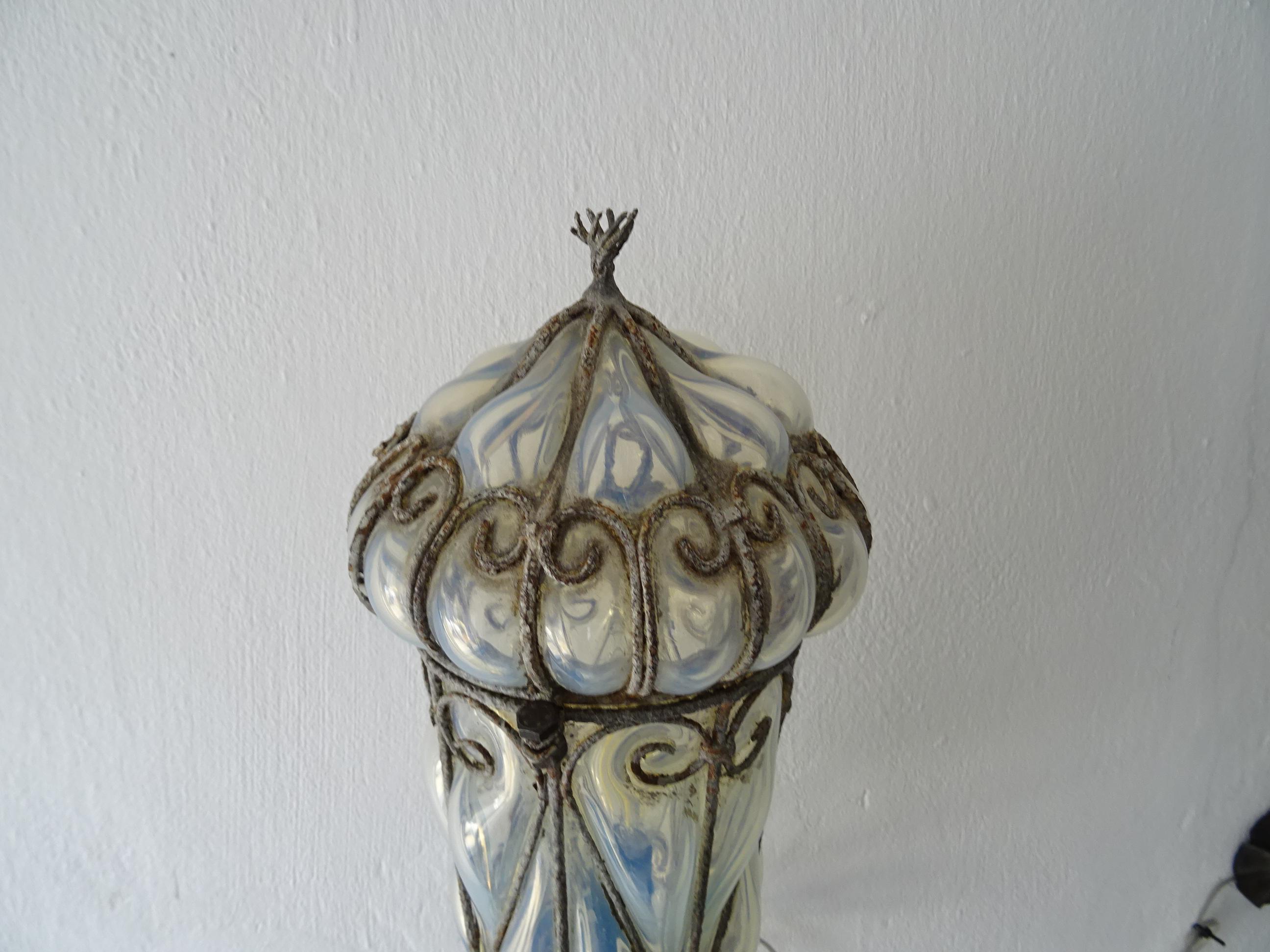 Venetian Murano Blown Glass Opaline Lanterns Metal Scroll Caged Sconces, c 1800 1