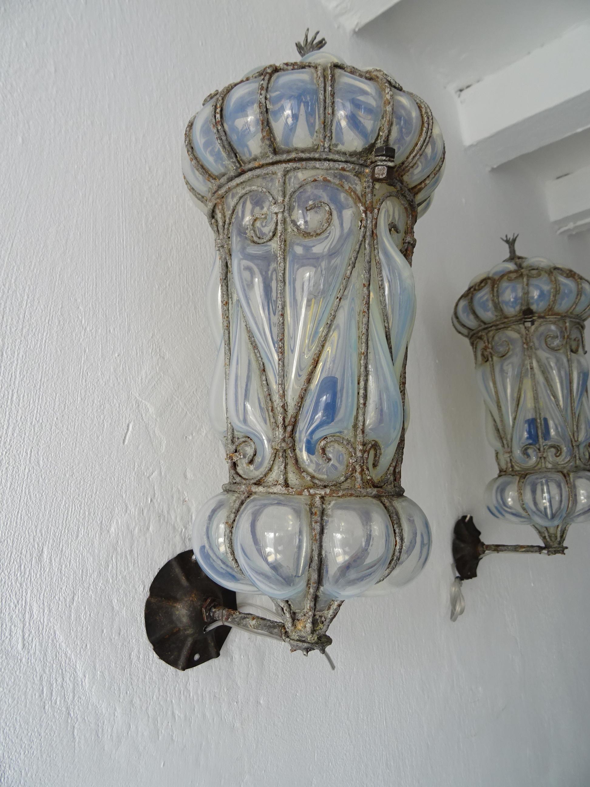 Venetian Murano Blown Glass Opaline Lanterns Metal Scroll Caged Sconces, c 1800 2