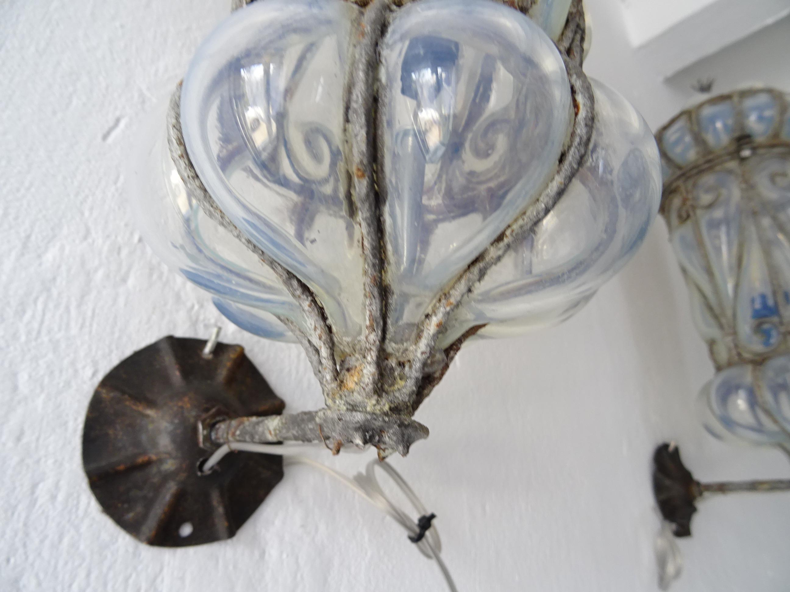 Venetian Murano Blown Glass Opaline Lanterns Metal Scroll Caged Sconces, c 1800 3