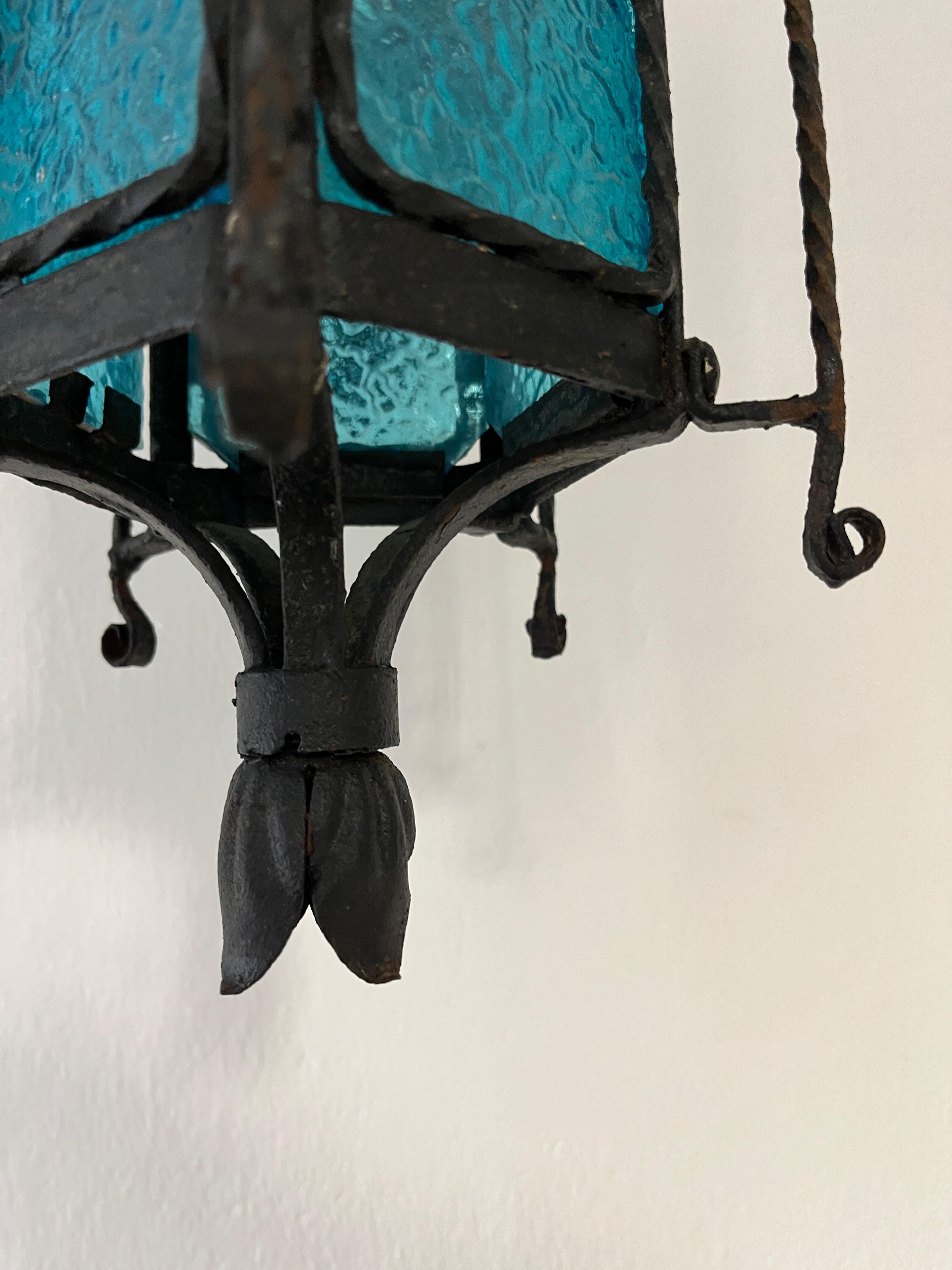 Venetian Murano Blue Aqua Glass Lanterns Wrought Iron Sconces, c 1890 For Sale 4