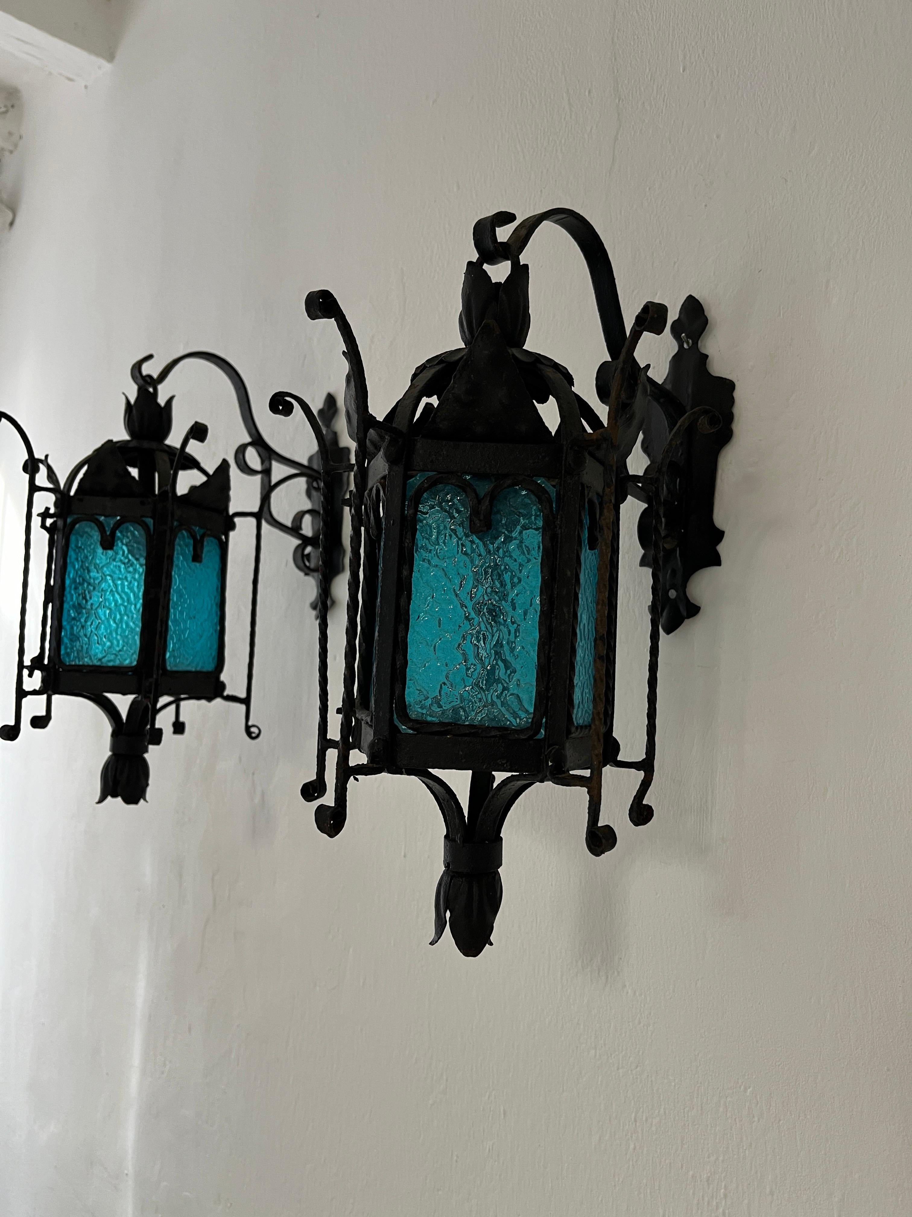 Gothic Revival Venetian Murano Blue Aqua Glass Lanterns Wrought Iron Sconces, c 1890 For Sale