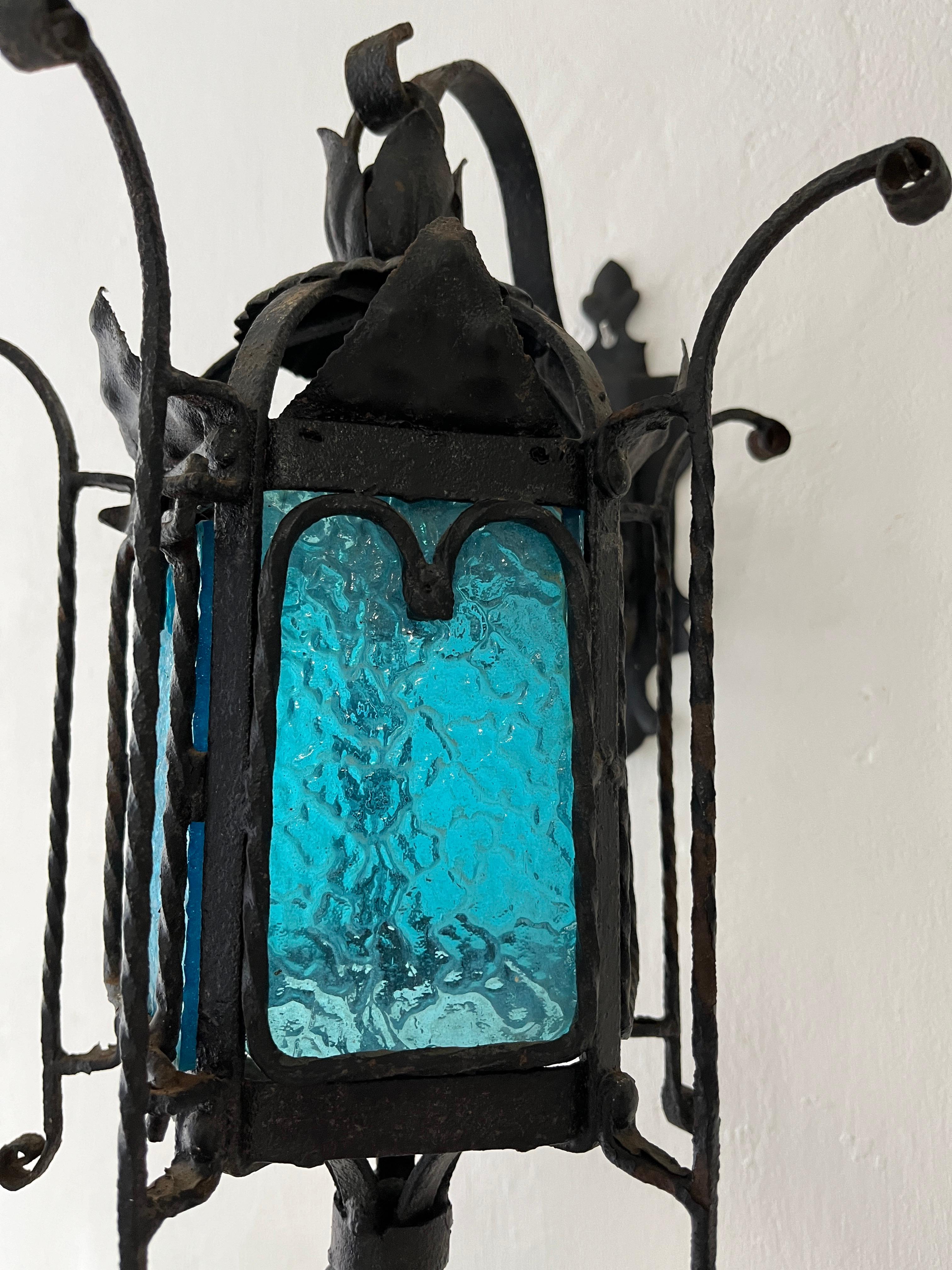 Italian Venetian Murano Blue Aqua Glass Lanterns Wrought Iron Sconces, c 1890 For Sale