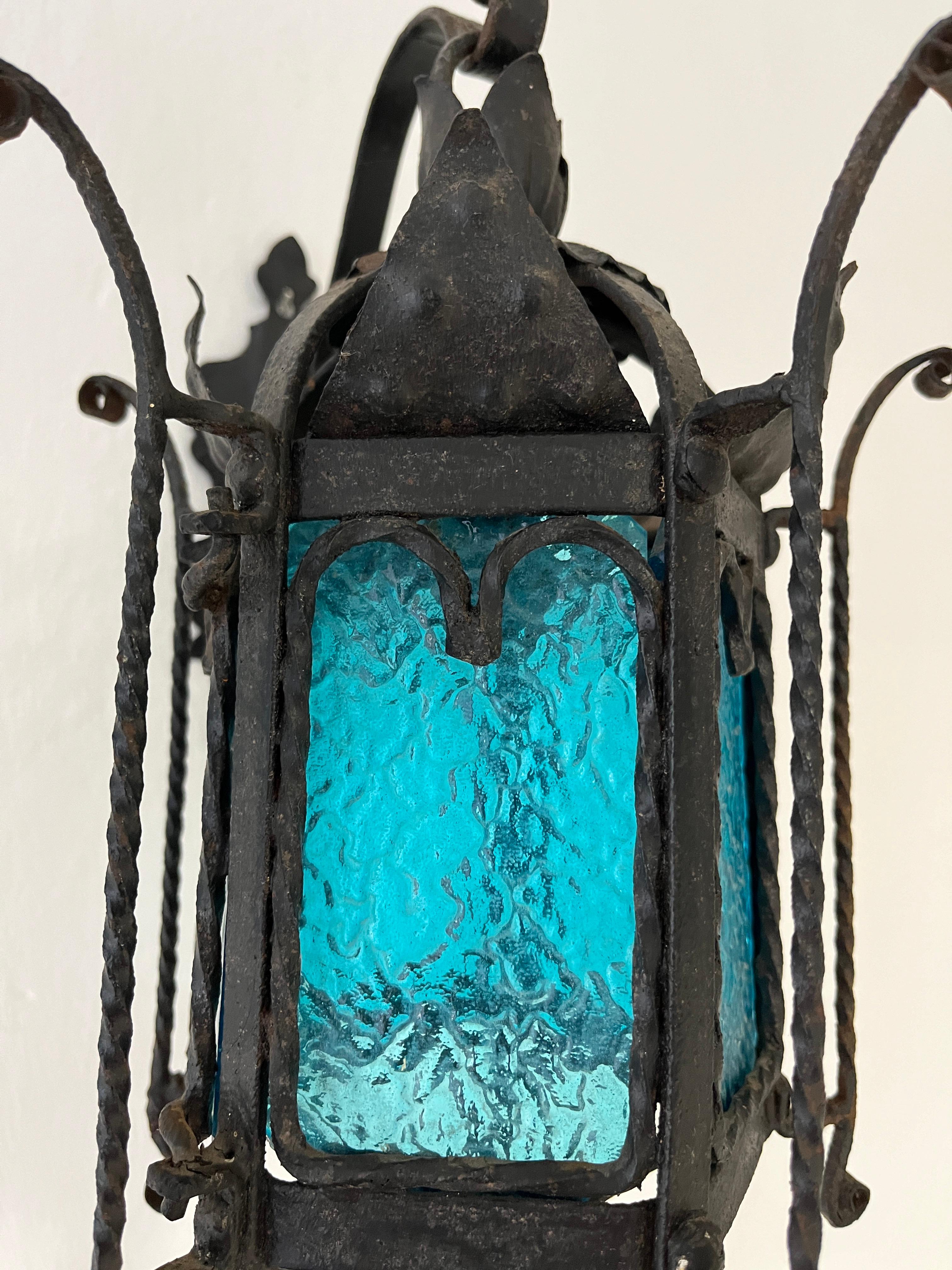 Venetian Murano Blue Aqua Glass Lanterns Wrought Iron Sconces, c 1890 For Sale 1