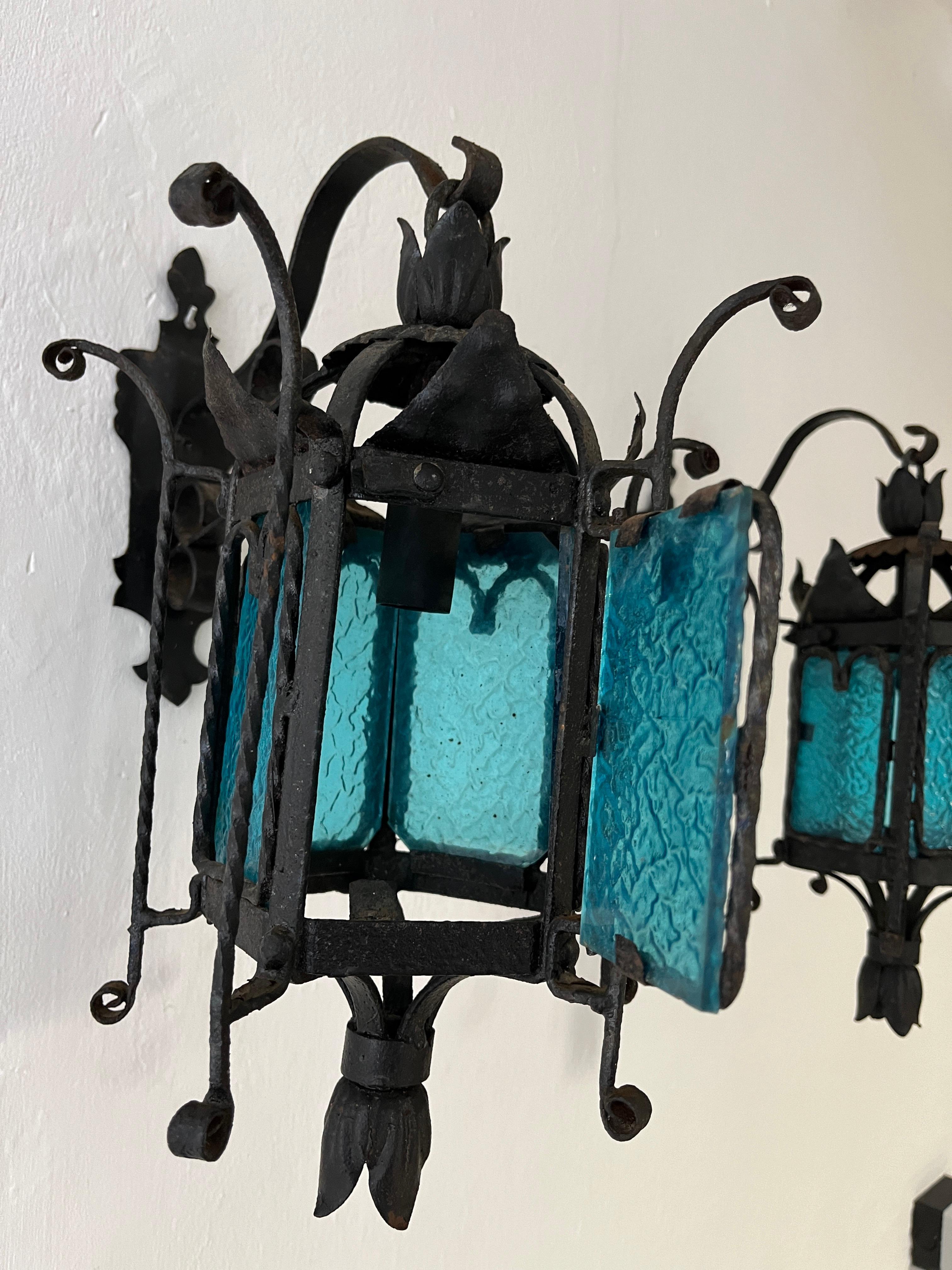 Venetian Murano Blue Aqua Glass Lanterns Wrought Iron Sconces, c 1890 For Sale 3