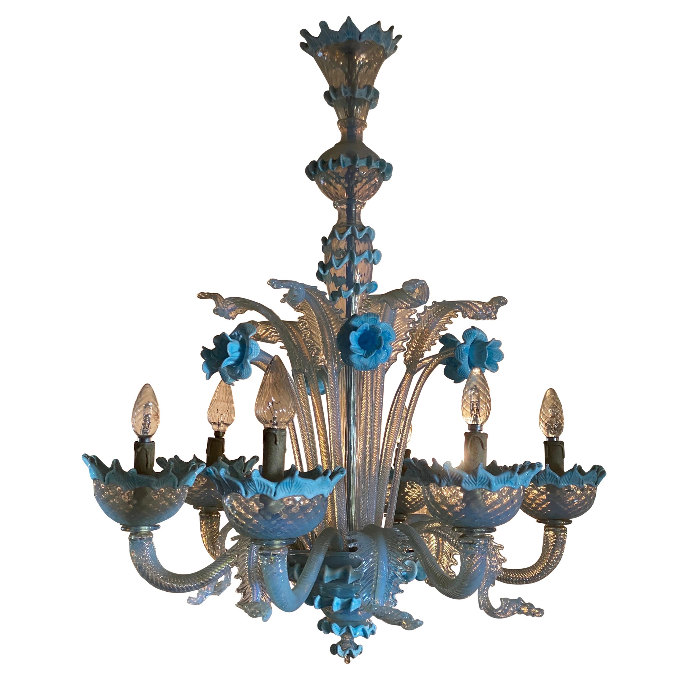 Venetian Murano Blue Opaline Six Arms Chandelier, Italy