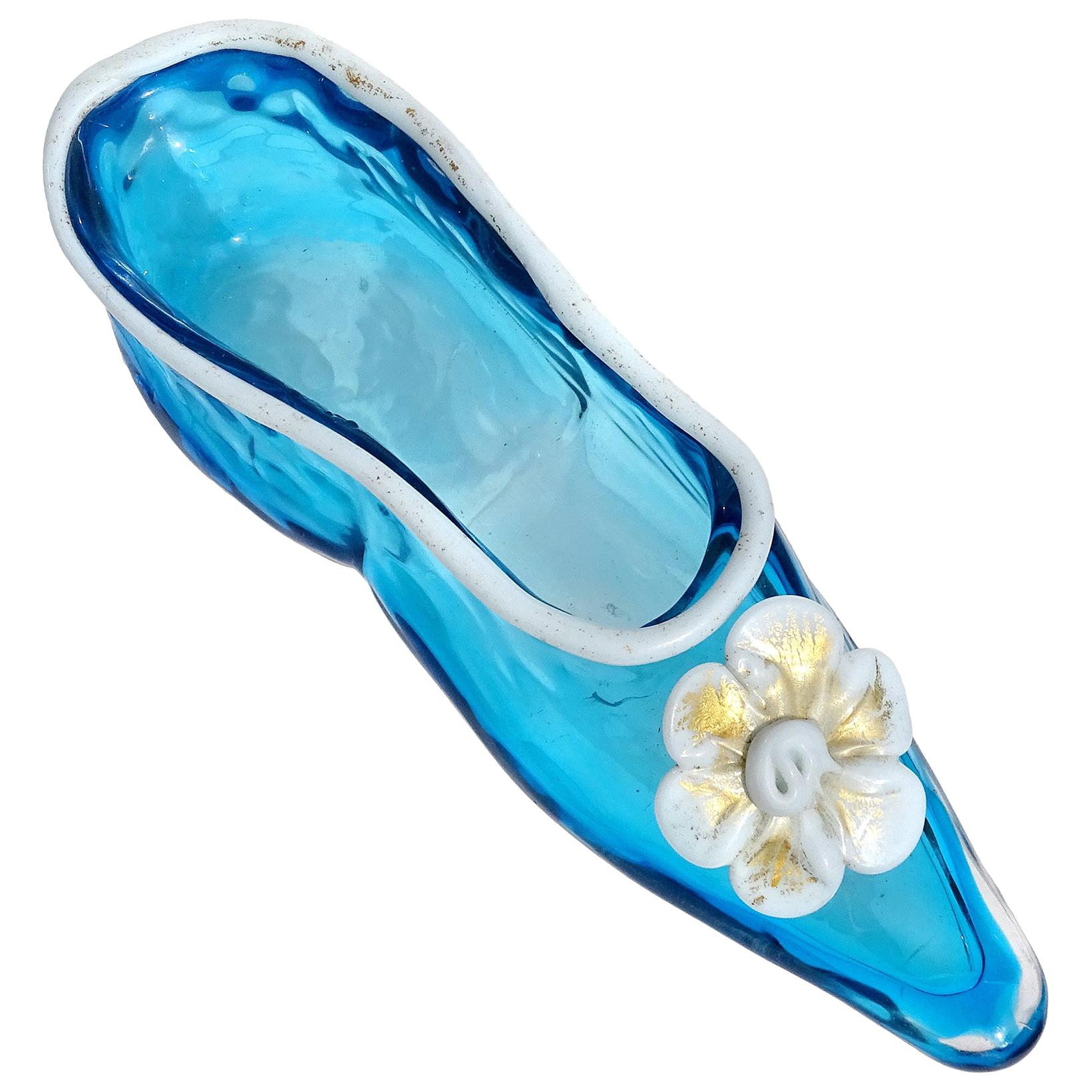 Venetian Murano Blue White Gold Flecks Italian Art Glass Ballet Slipper Shoe For Sale