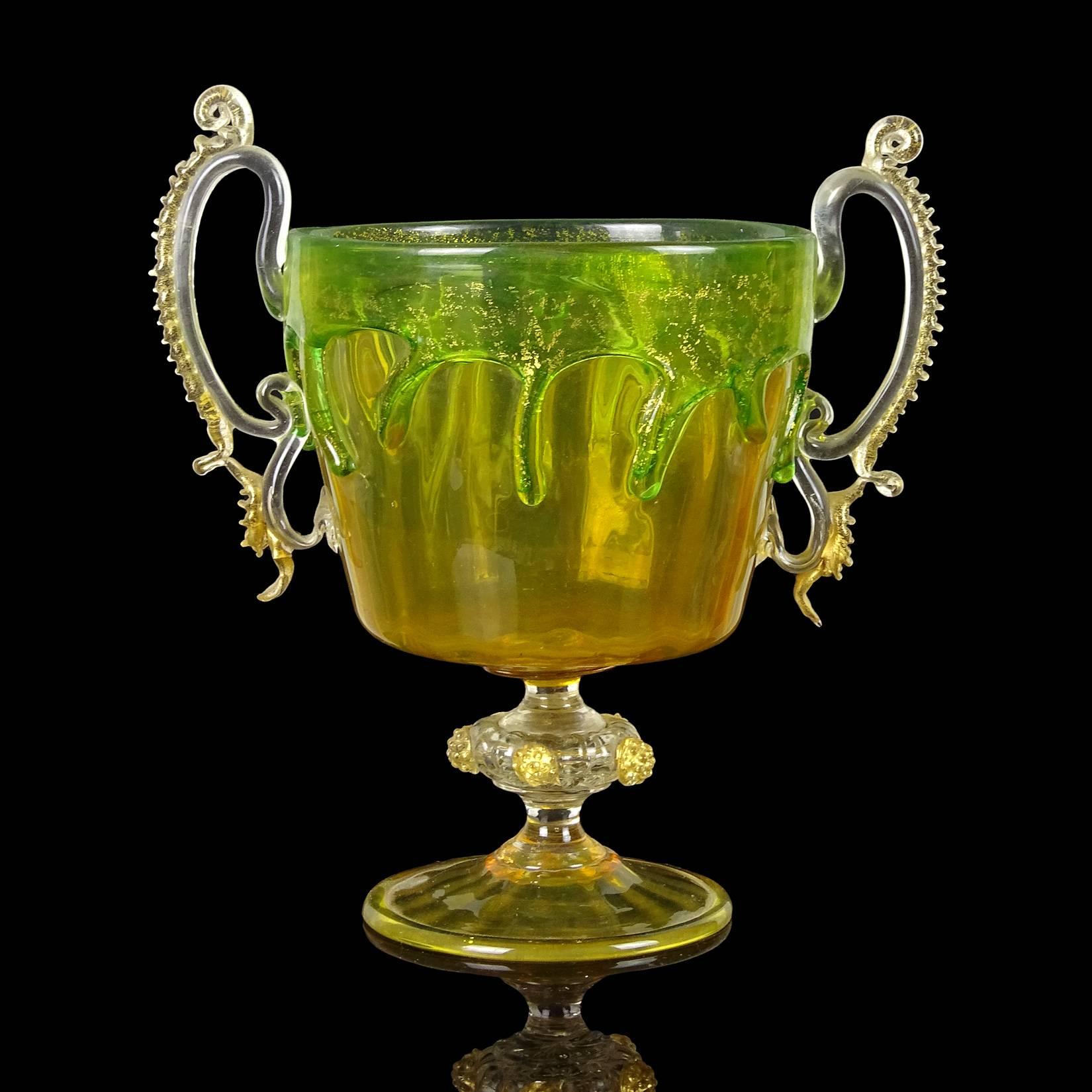 Beautiful, rare, and large antique Venetian yellow, green and gold flecks Italian art glass 