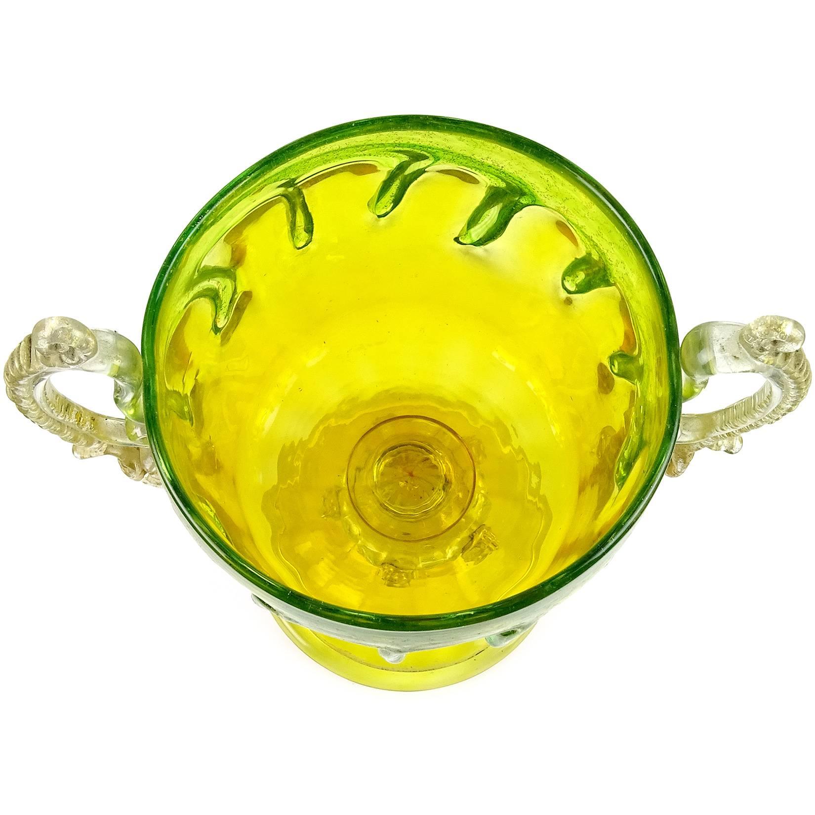 Victorian Venetian Murano C. V. M. Yellow Green Drip Gold Italian Art Glass Trophy Vase