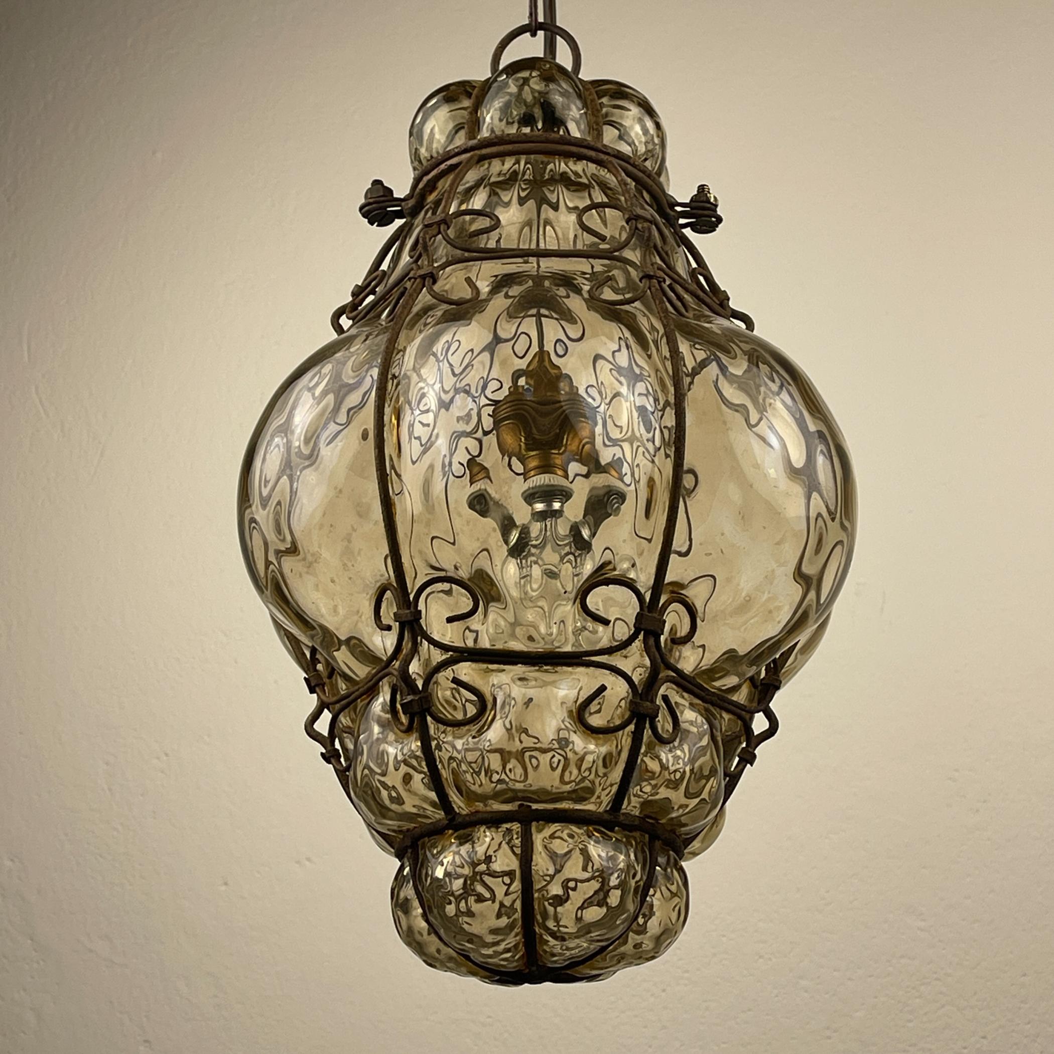 Venetian Murano Caged Glass Pendant Lamp, Italy 1940s 3