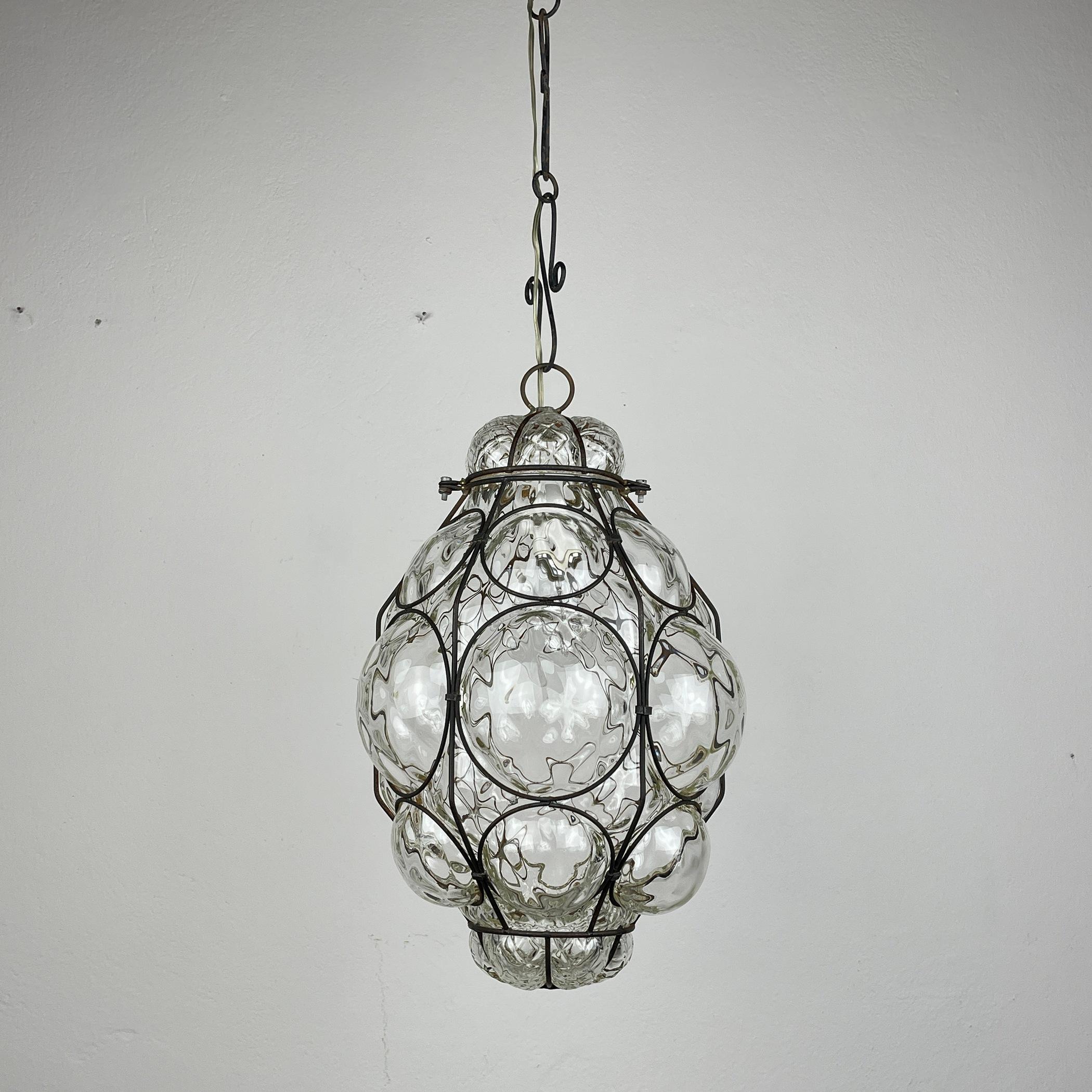 Venetian Murano Caged Glass Pendant Lamp, Italy 1940s  4