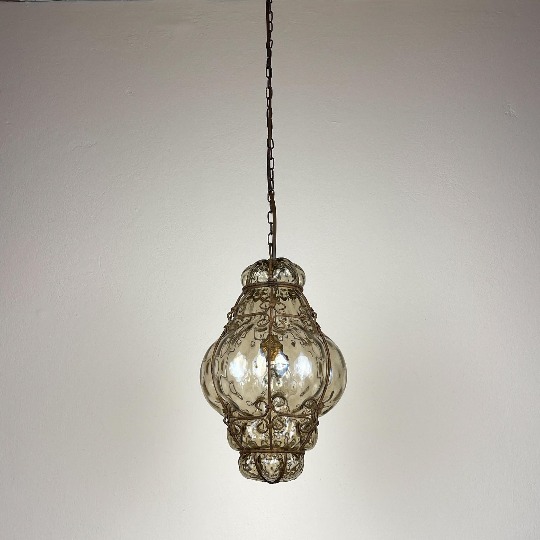 Venetian Murano Caged Glass Pendant Lamp, Italy 1940s 4