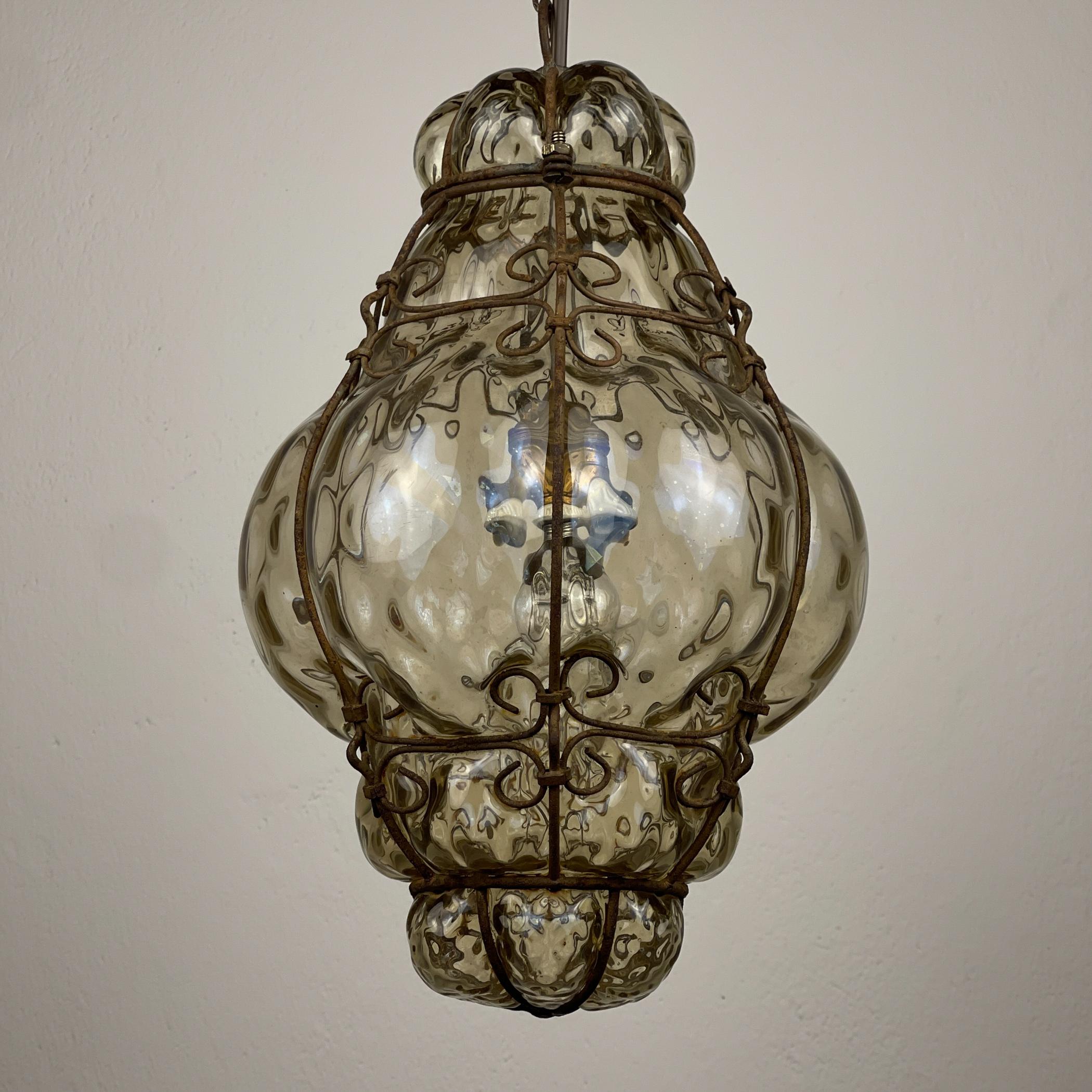 Venetian Murano Caged Glass Pendant Lamp, Italy 1940s 5