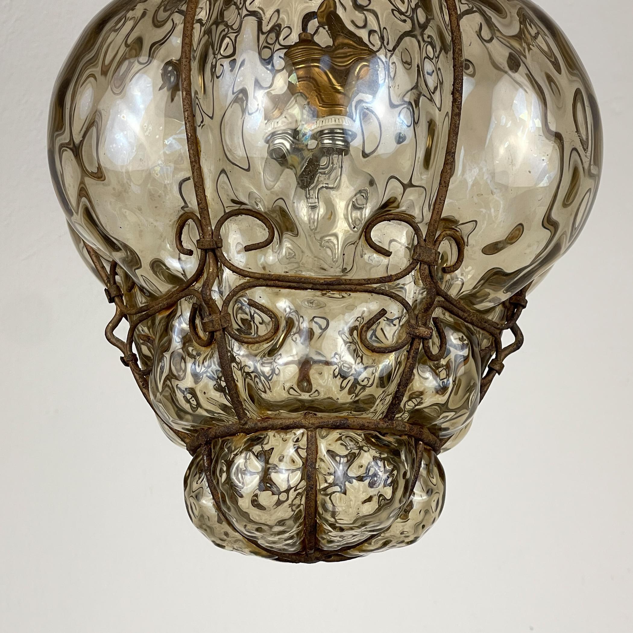 Venetian Murano Caged Glass Pendant Lamp, Italy 1940s 6