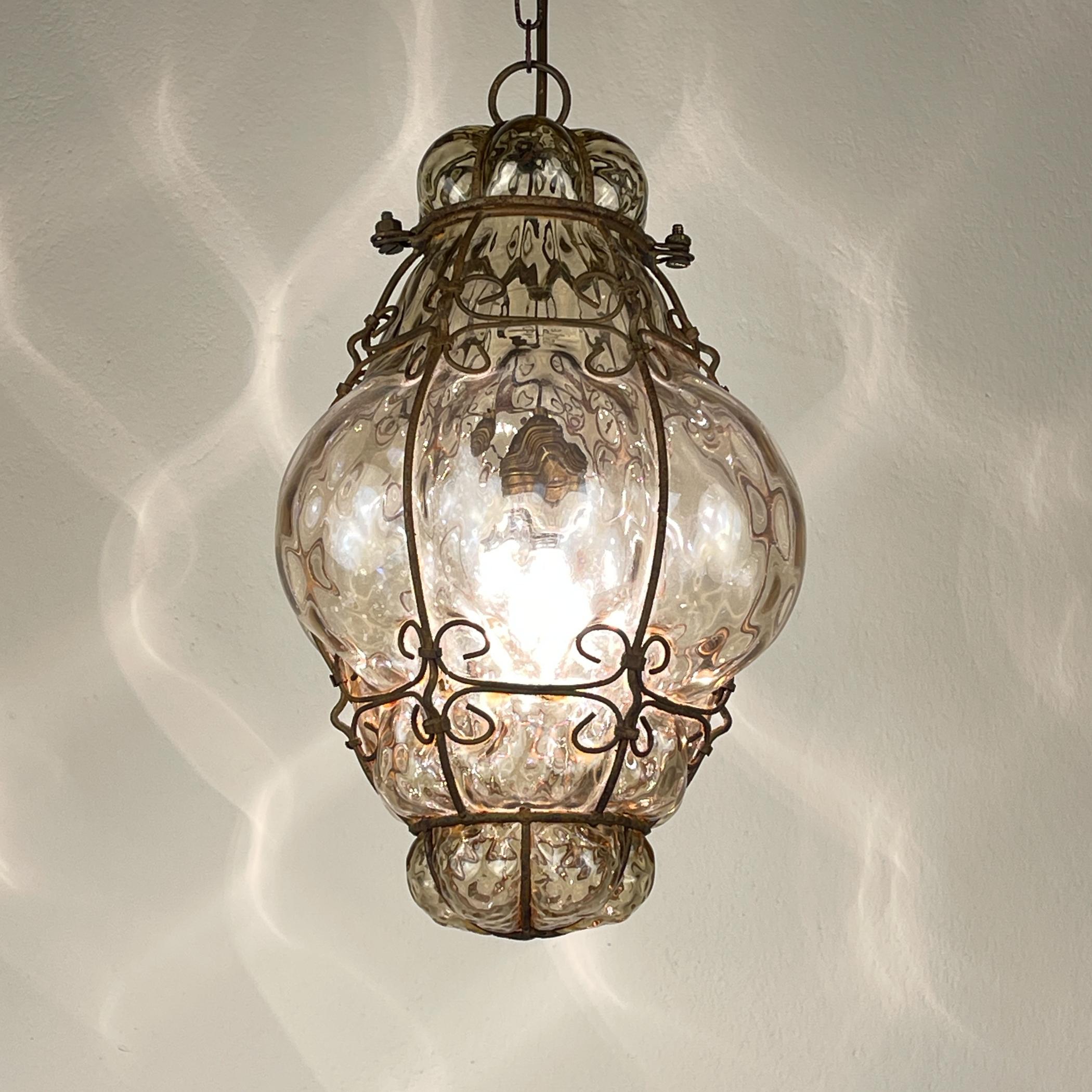 Art Nouveau Venetian Murano Caged Glass Pendant Lamp, Italy 1940s