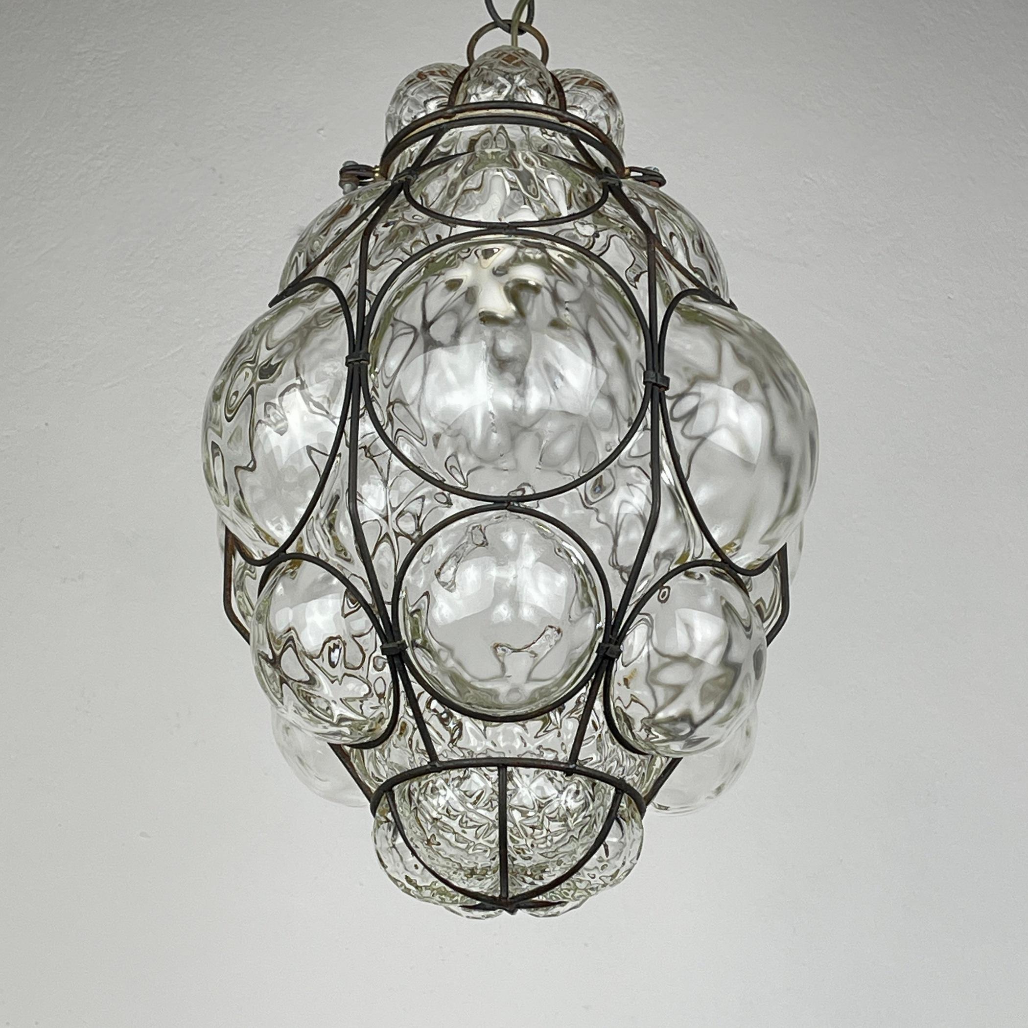 Italian Venetian Murano Caged Glass Pendant Lamp, Italy 1940s 