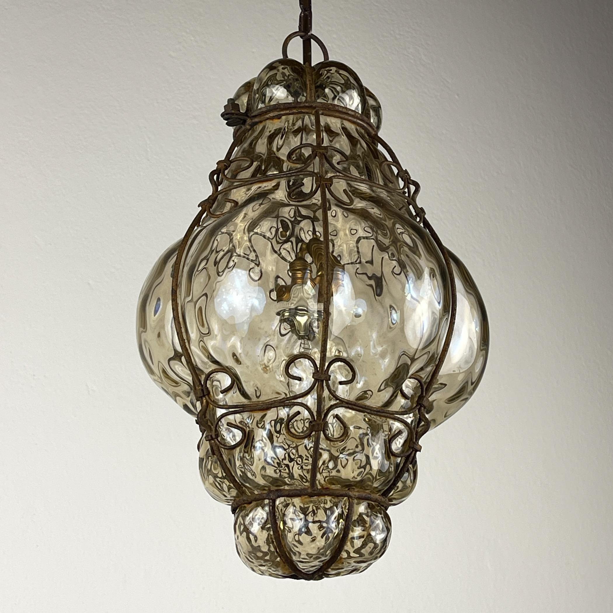 20th Century Venetian Murano Caged Glass Pendant Lamp, Italy 1940s