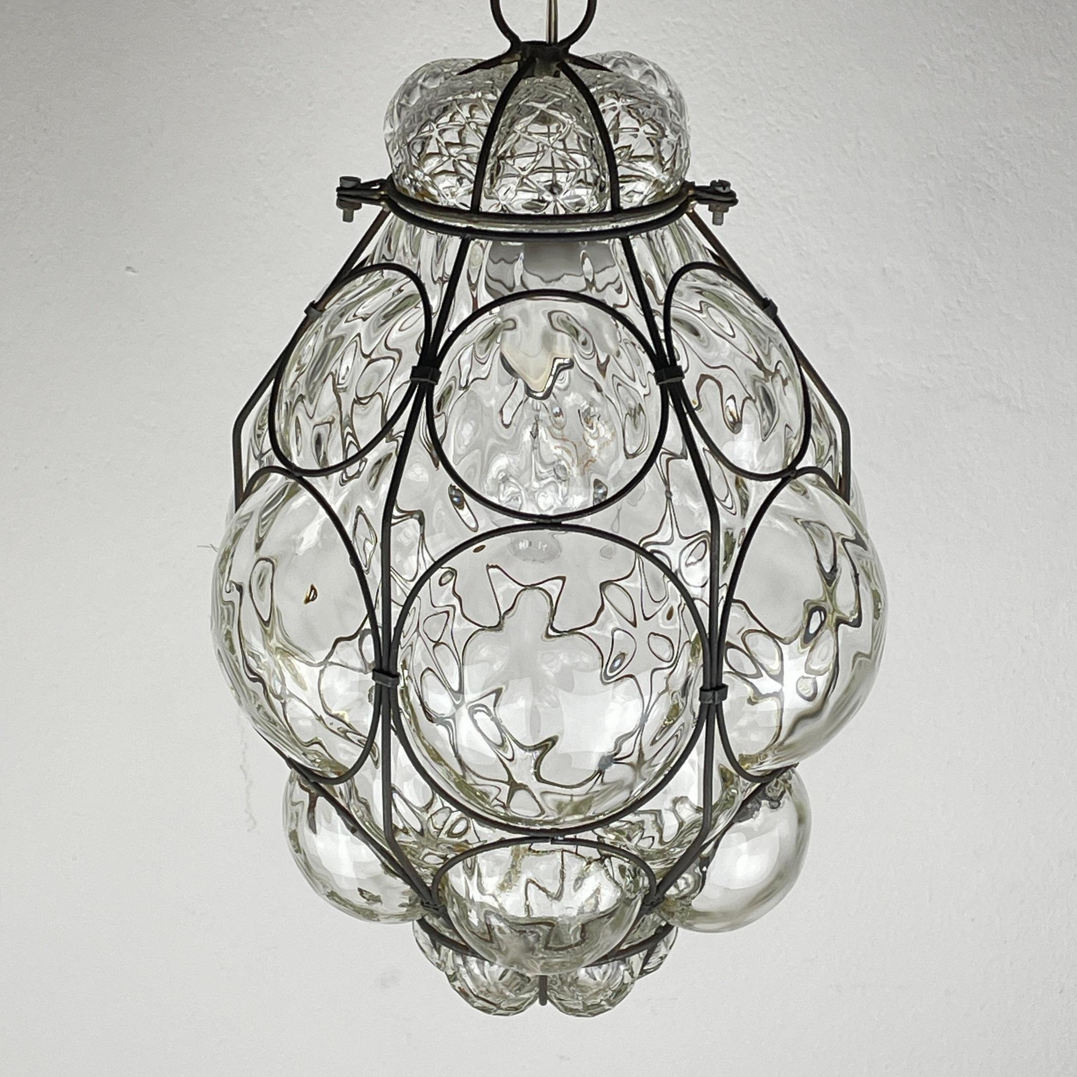Metal Venetian Murano Caged Glass Pendant Lamp, Italy 1940s 