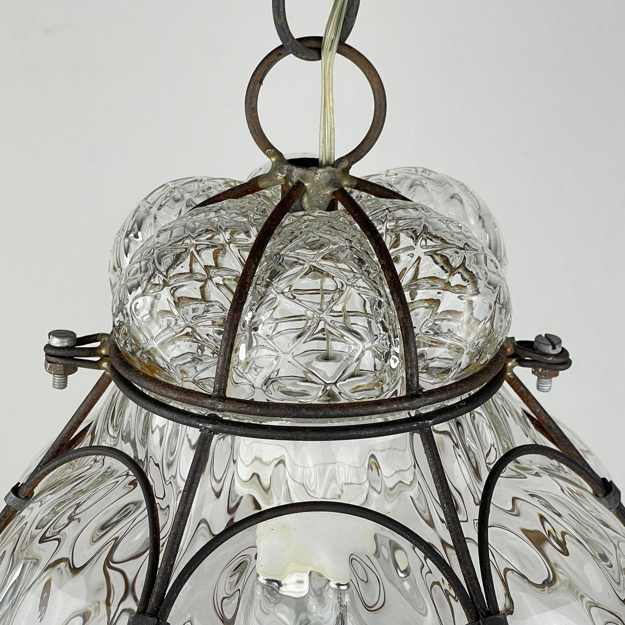 Venetian Murano Caged Glass Pendant Lamp, Italy 1940s  1