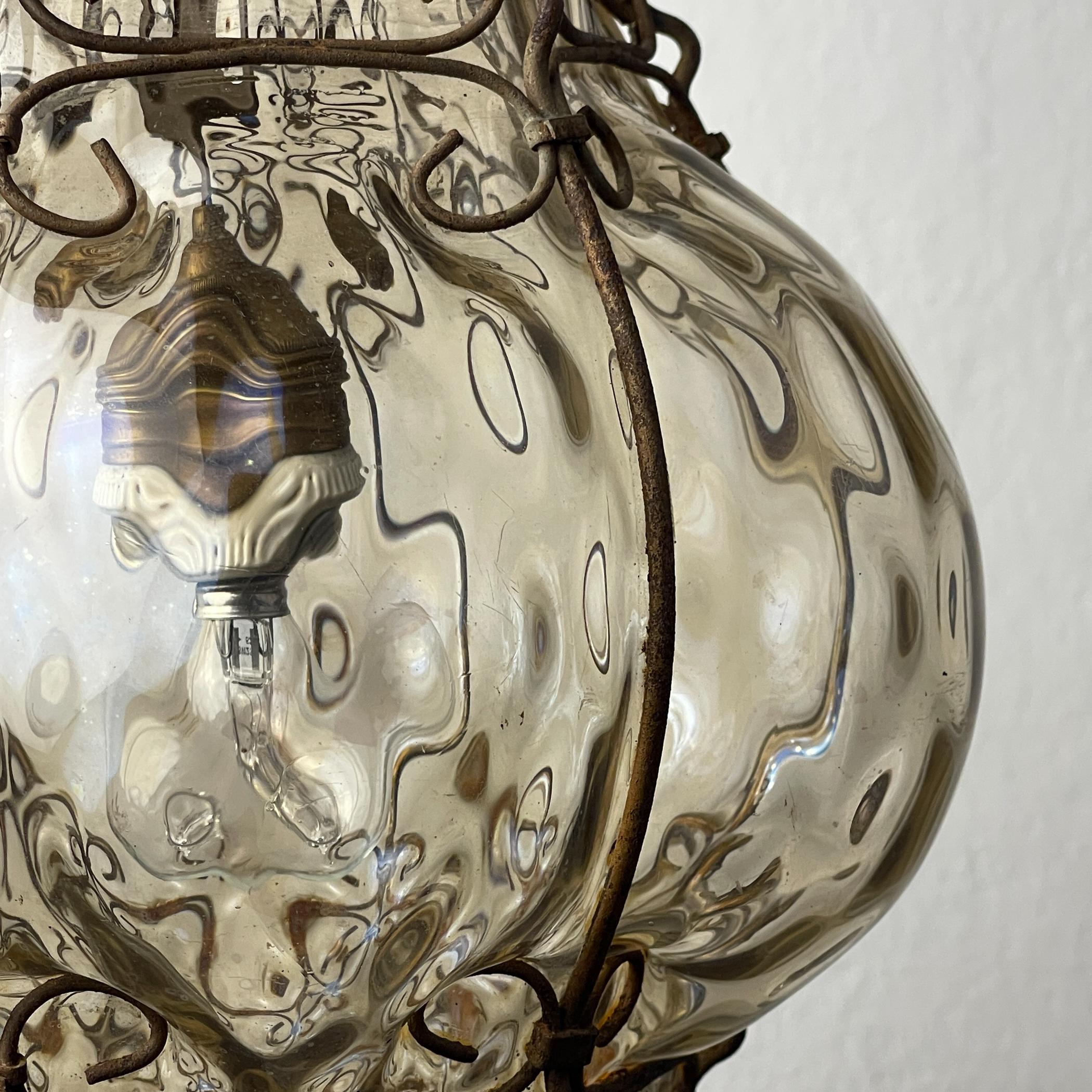 Venetian Murano Caged Glass Pendant Lamp, Italy 1940s 2