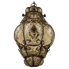 Venetian Murano Caged Glass Pendant Lamp, Italy 1940s