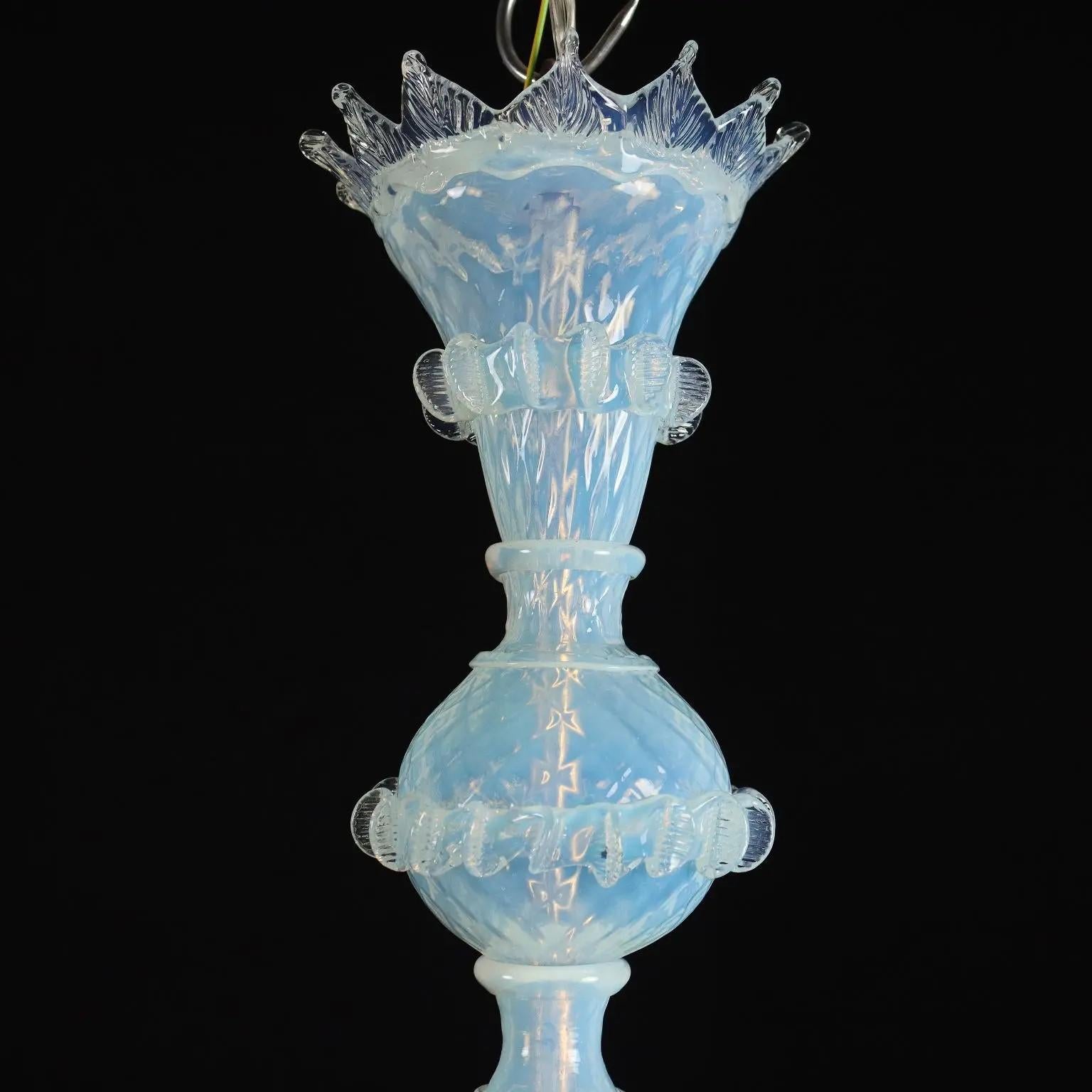 L'étalon en verre soufflé de forme sphérique reposant sur un balustre en verre émettant six bras à volutes tenant des bougeoirs et des lumières au-dessus d'un plat en verre taillé. 
