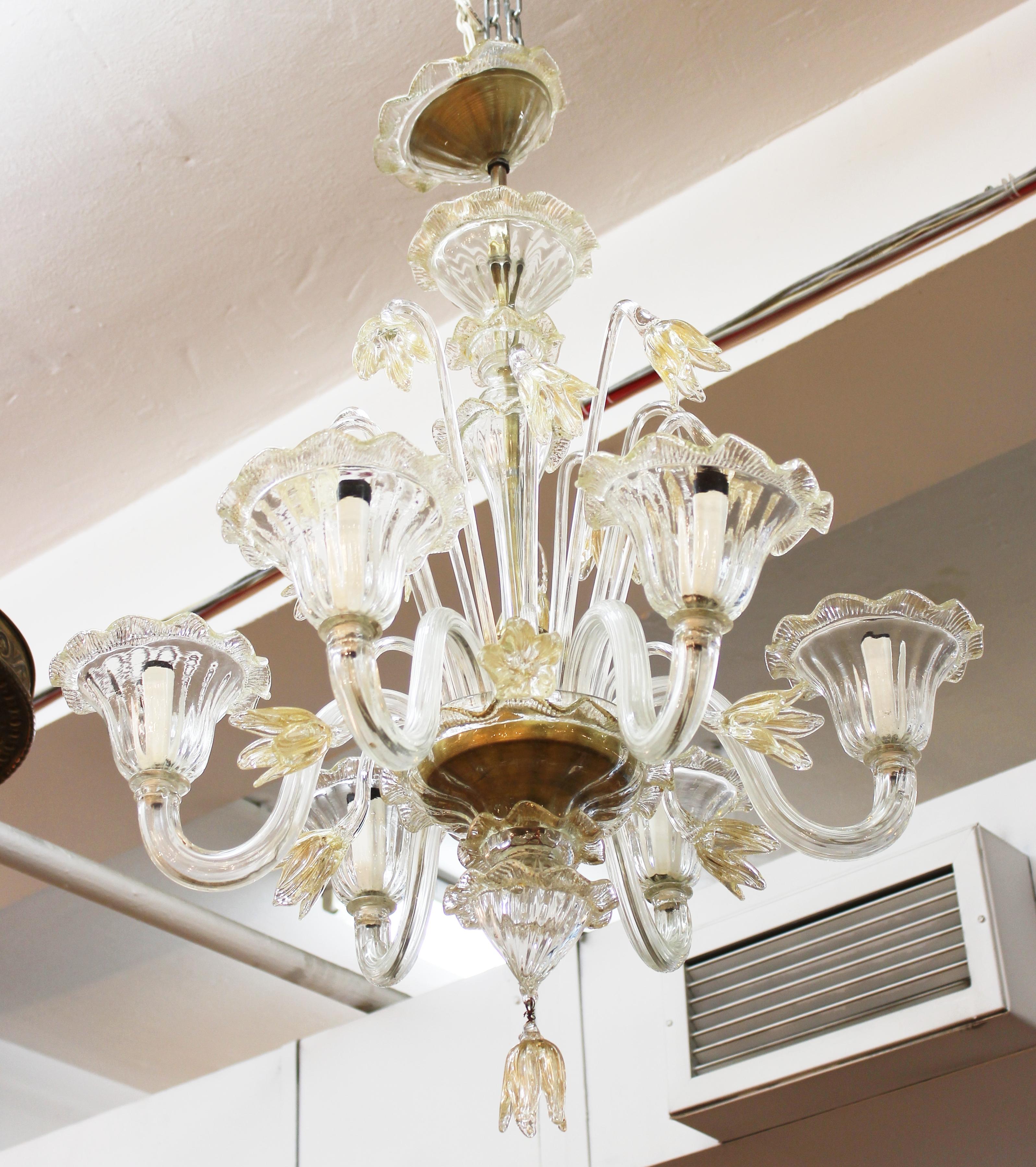 Italian Venetian Murano six light glass chandelier with unusual gold-flecked floral design.