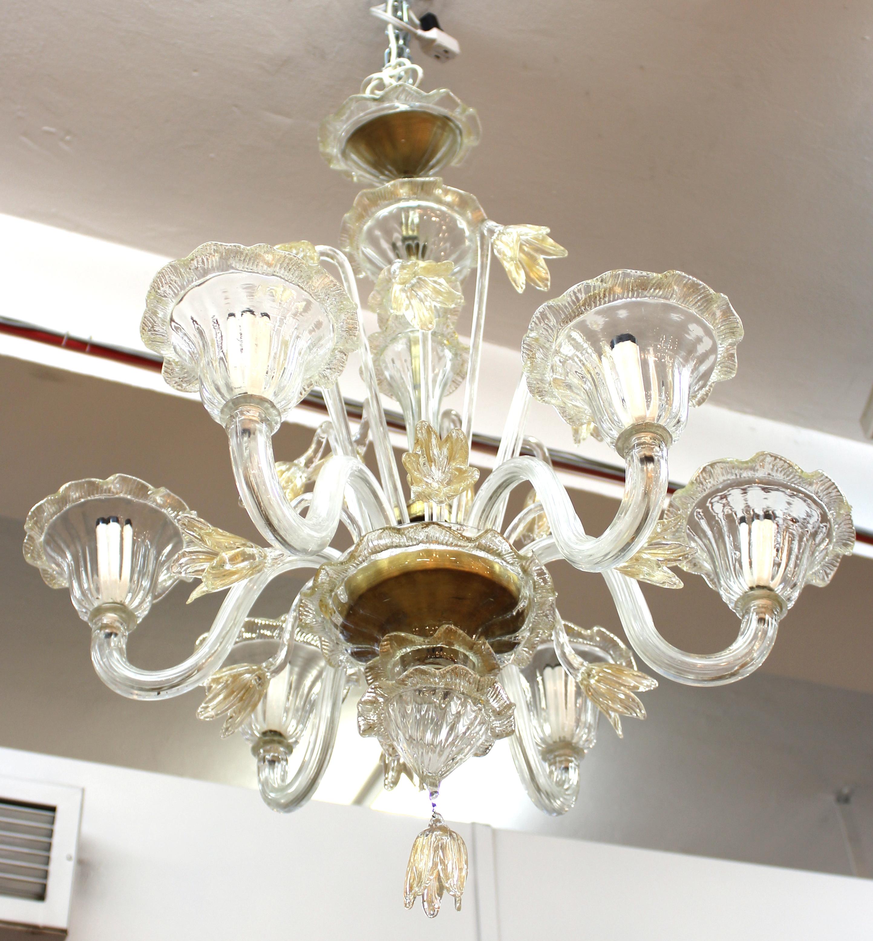 Hollywood Regency Venetian Murano Chandelier with Gold Flecked Hand Blown Glass