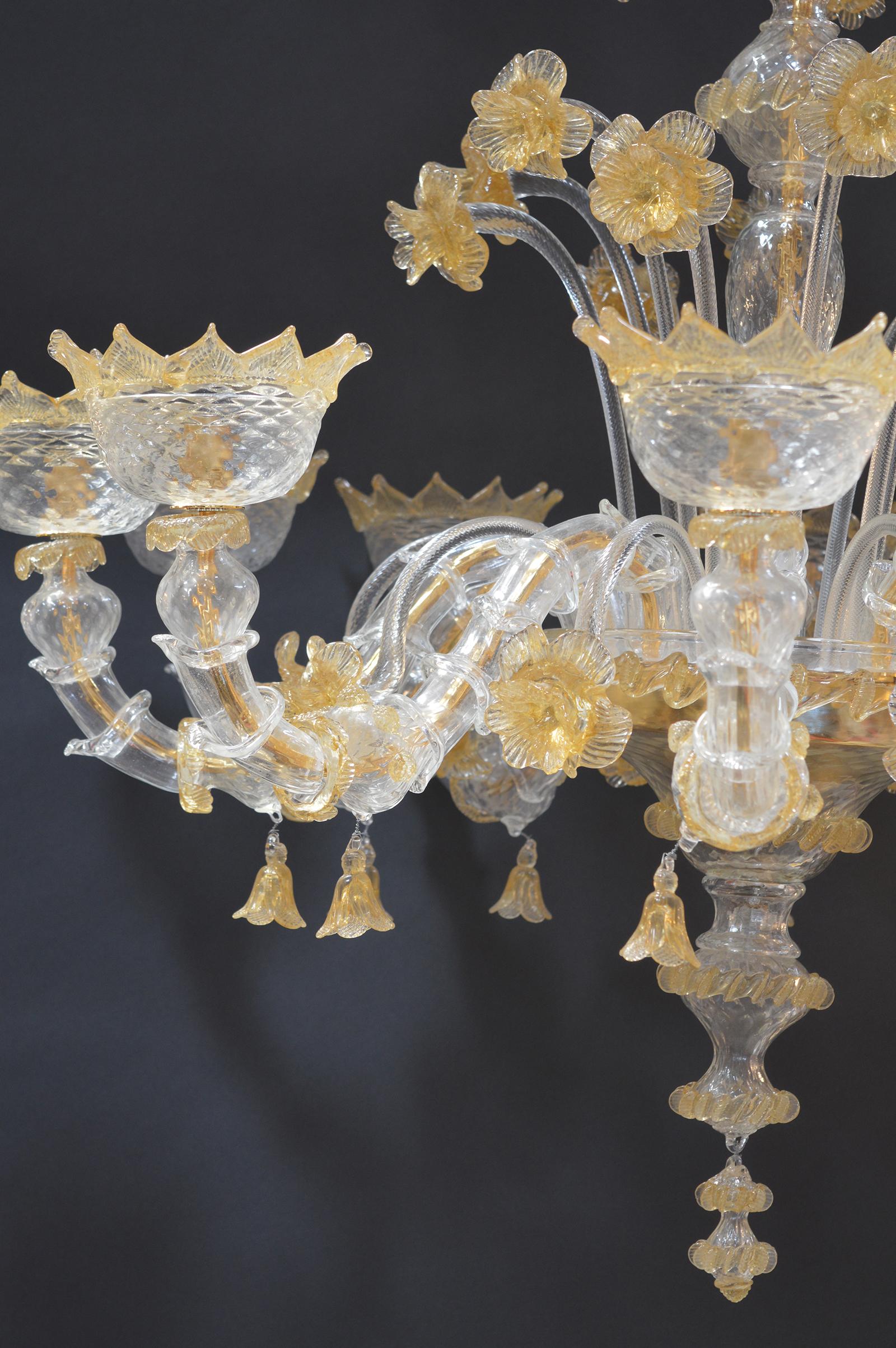 Venetian Murano chandelier with gold fleck blown into the glass.
