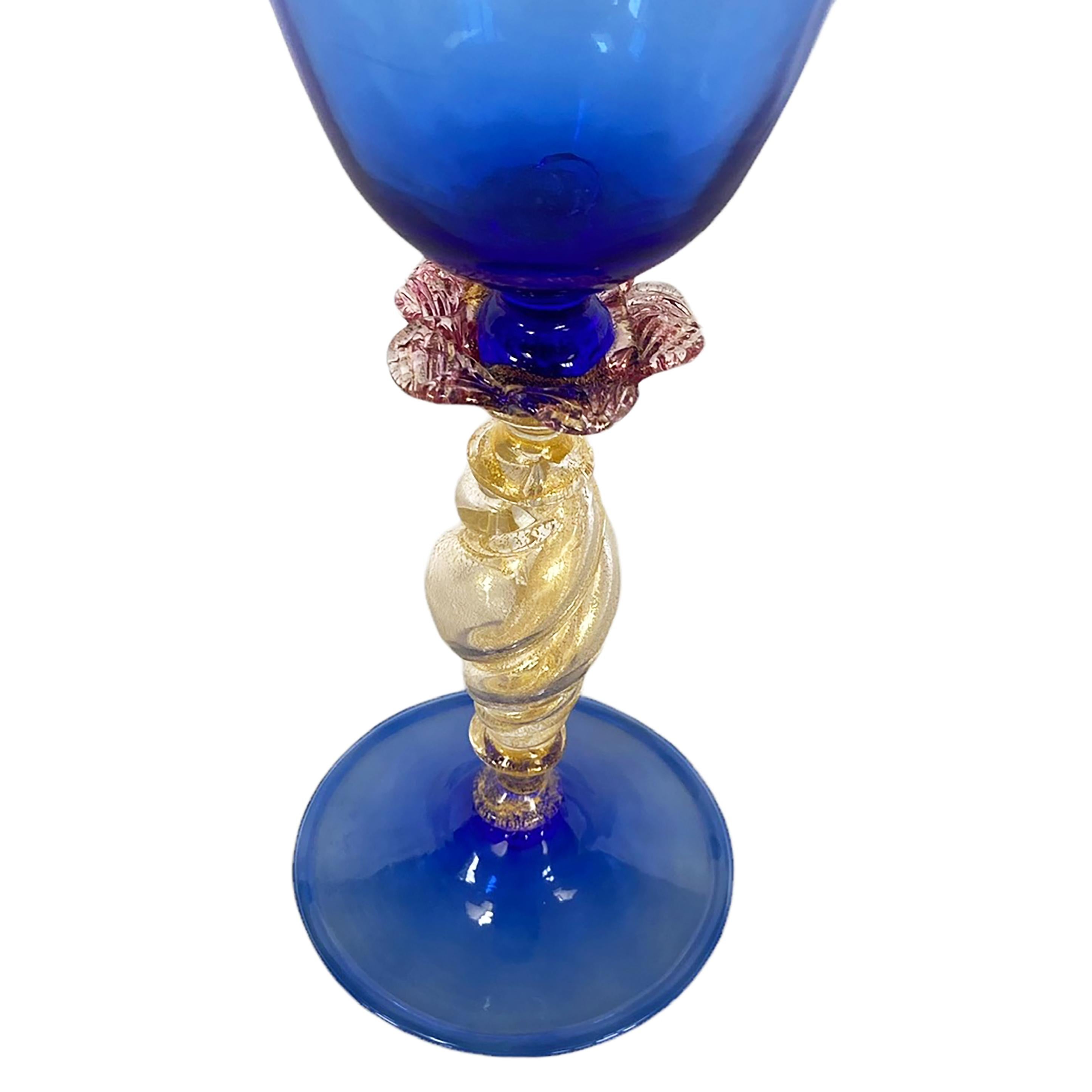 Rich blue with flower and shell stem
From Italy. Handmade and signed by Murano master glassmaker.
We have 15 of these gorgeous, highly-collectible art objects. All different, all one-of-a-kind. 
We will be listing all 15. Most have different