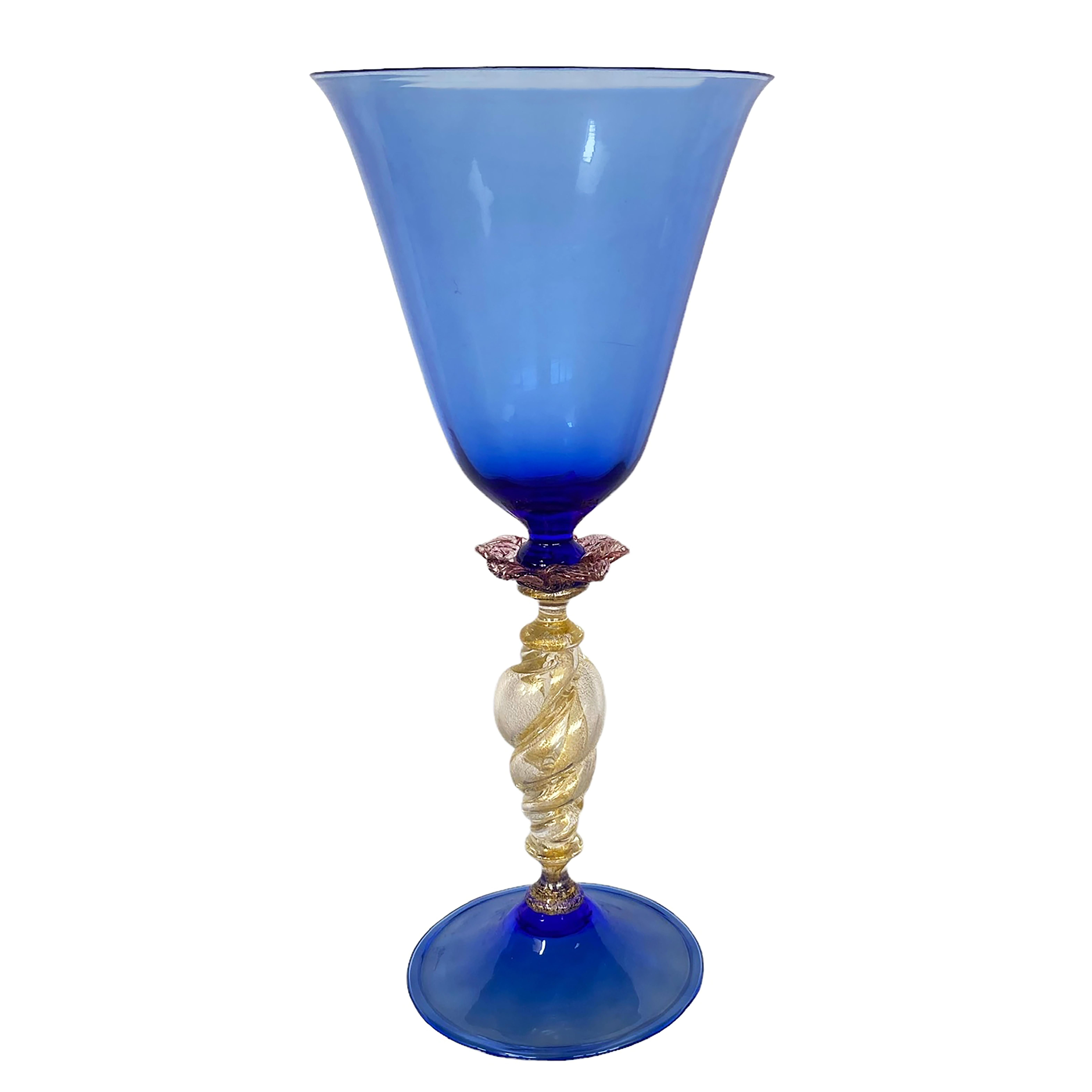 Venetian MURANO Cobalt Blue Italian Signed Vintage Hand Blown Glass Goblet In Excellent Condition In Boston, MA