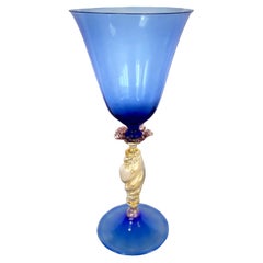 Venetian MURANO Cobalt Blue Italian Signed Vintage Hand Blown Glass Goblet