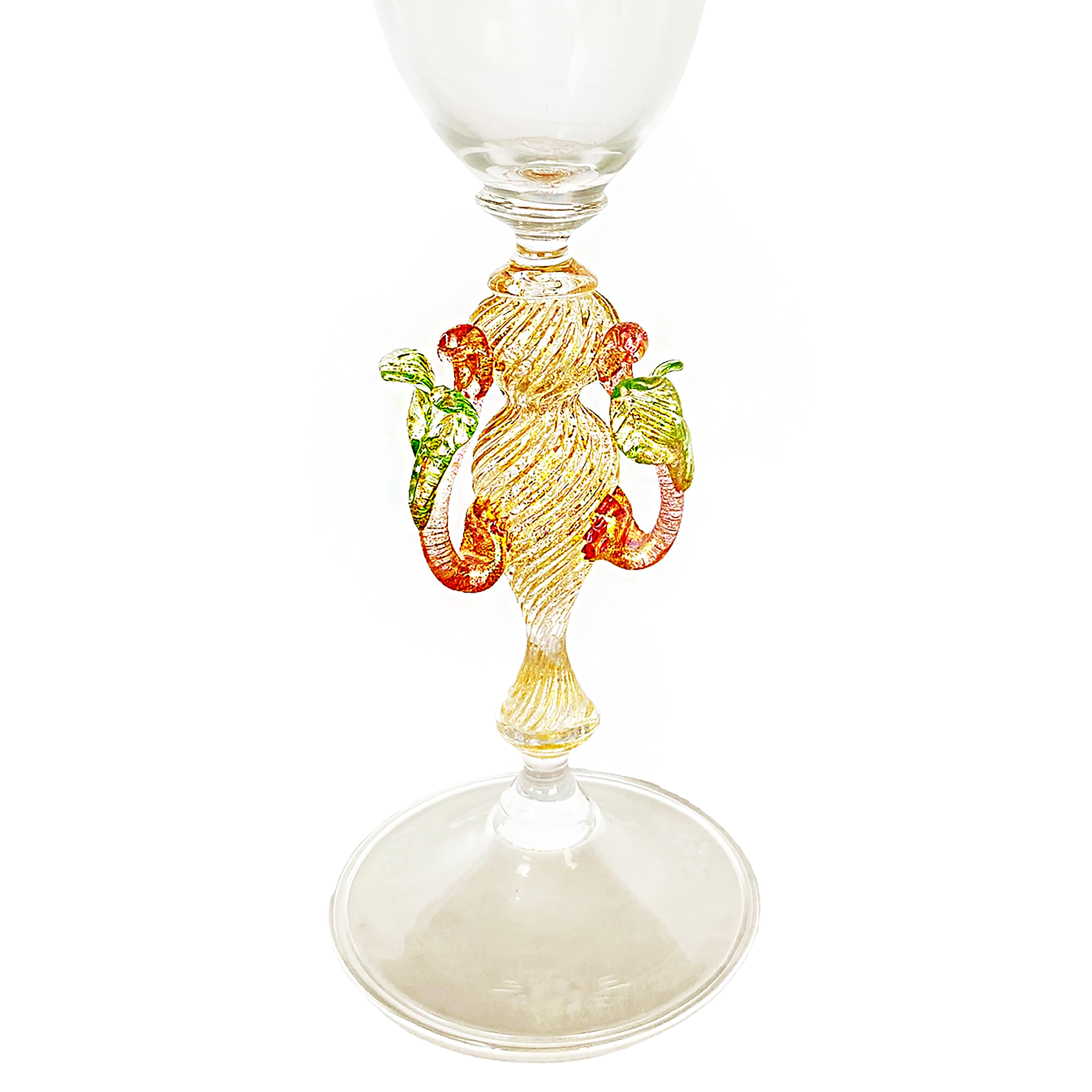 Delicately etched goblet and base.
From Italy. Handmade and signed by Murano master glassmaker.
We have 15 of these gorgeous, highly-collectible art objects. All different, all one-of-a-kind. 
We will be listing all 15. Most have different